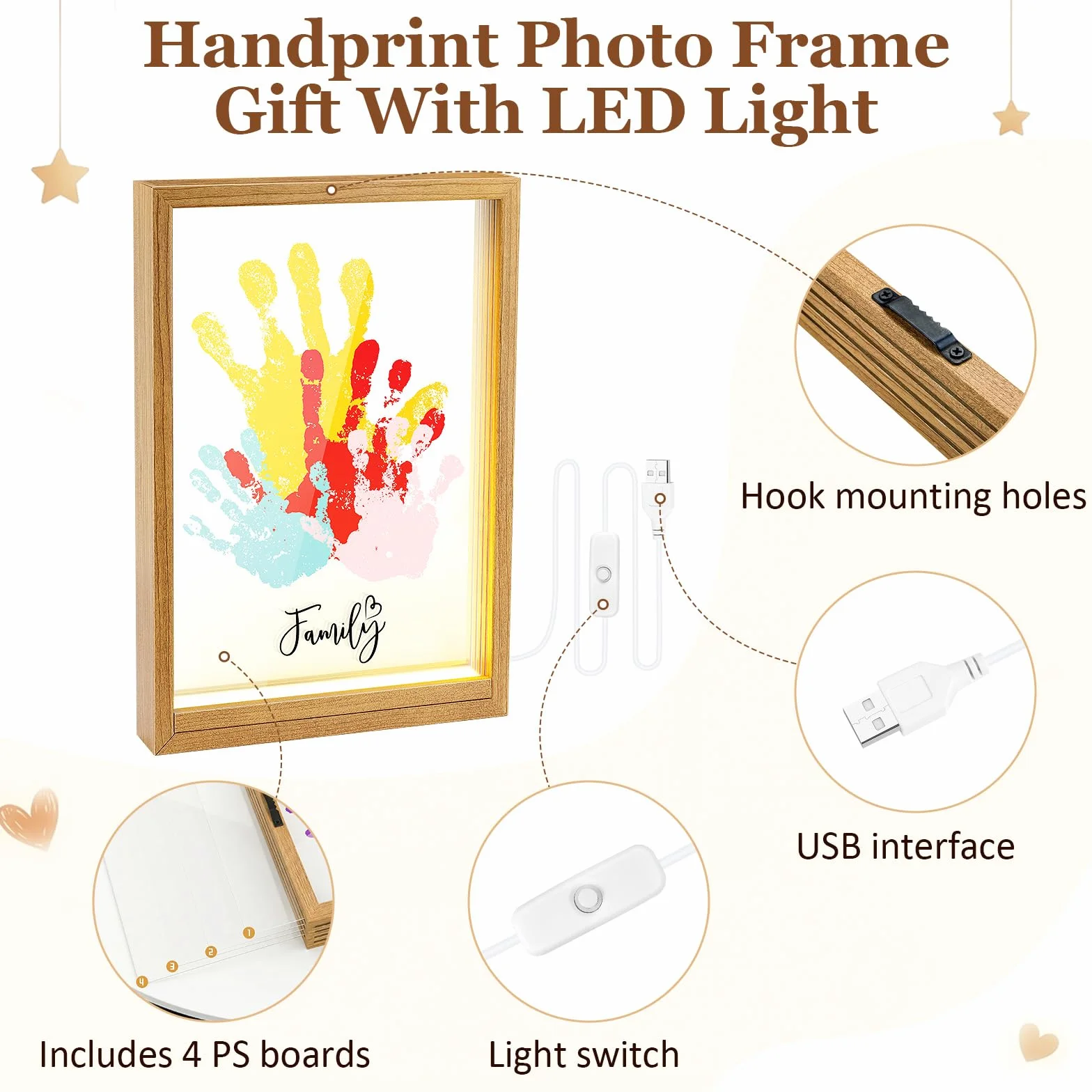 Cadre LED en Bois Kit Empreinte Famille Bébé Souvenir Personnalisé Décoration Murale Cadeau Naissance