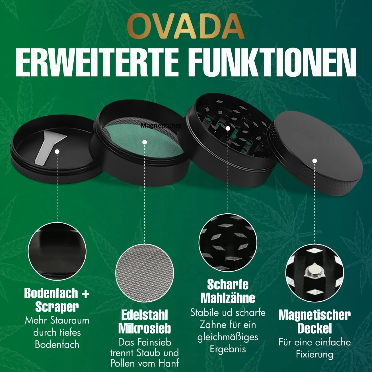 Lot de 4 broyeurs en acier inoxydable 50 mm pour épices et herbes - Noir