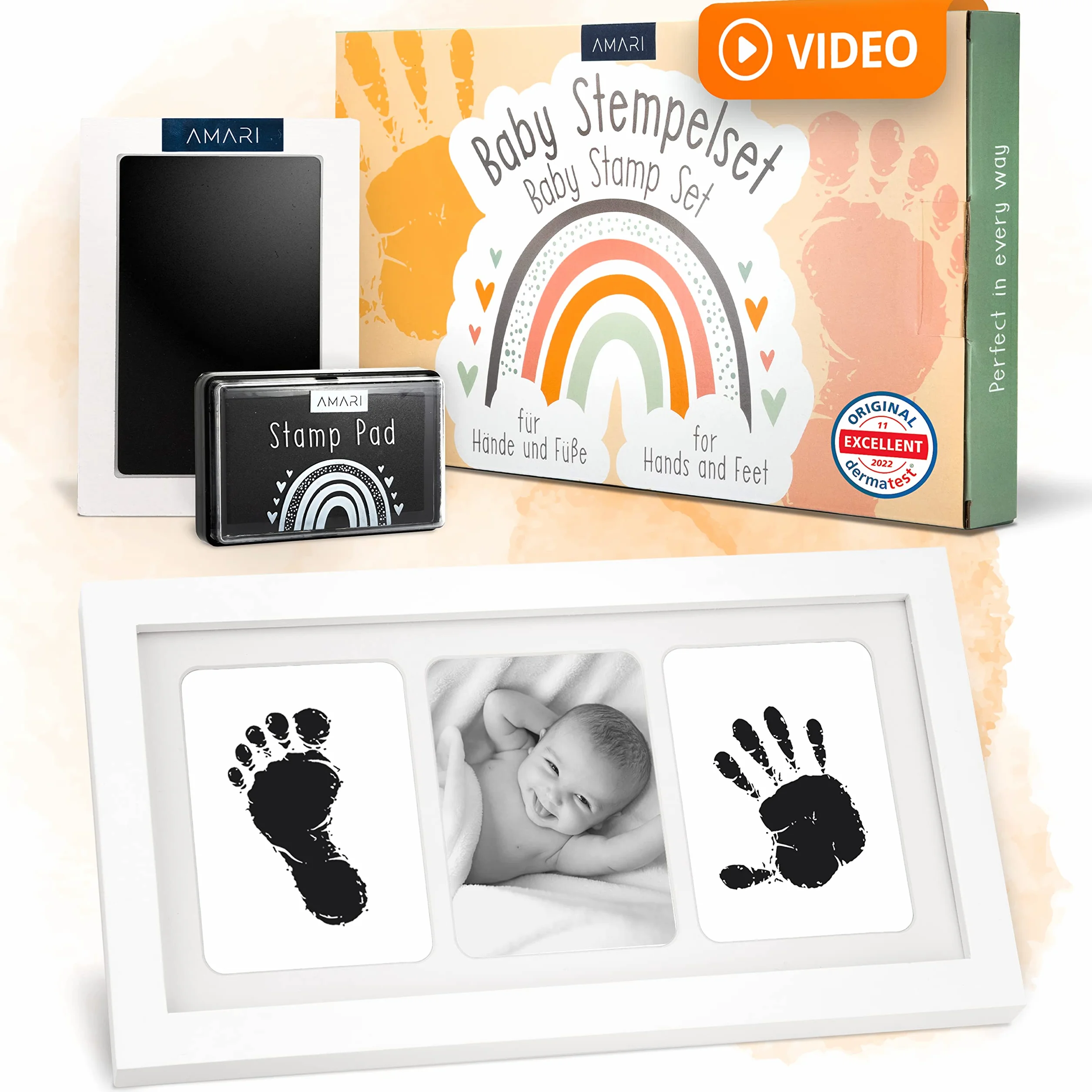 AMARI Set d'empreintes de main et de pied de bébé avec 2 tampons encreurs et 4 cartes d'impression - Kit cadeau bébé