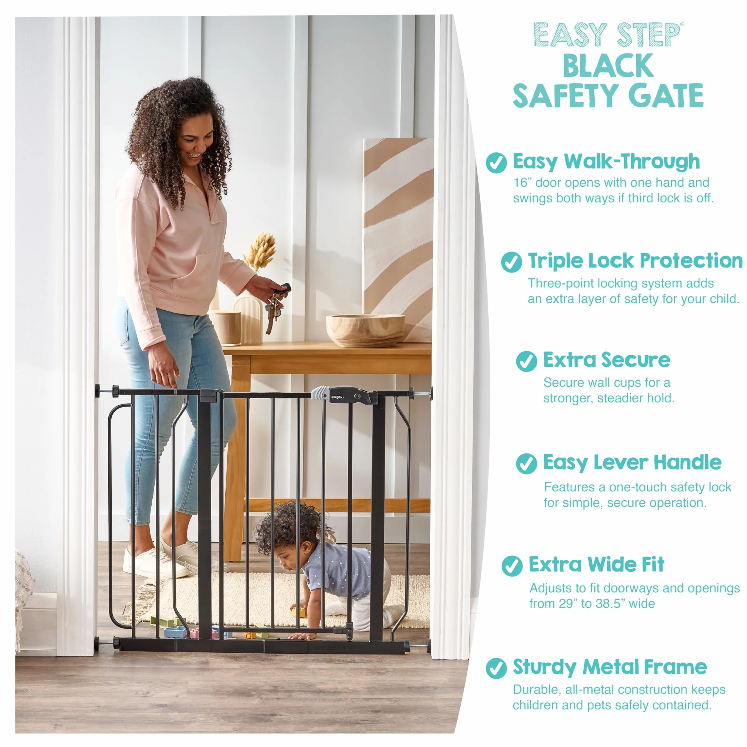 Regalo Safety Easy Step Baby Gate for Doorways & Stairs, Fits 73.6-95.5cm, Pressure Mounted, Black