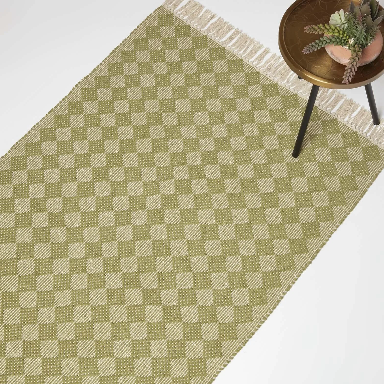 HOMESCAPES Tapis Vert en Coton Lima, Tapis rectangulaire 120x170 cm, Tapis géométrique à Franges