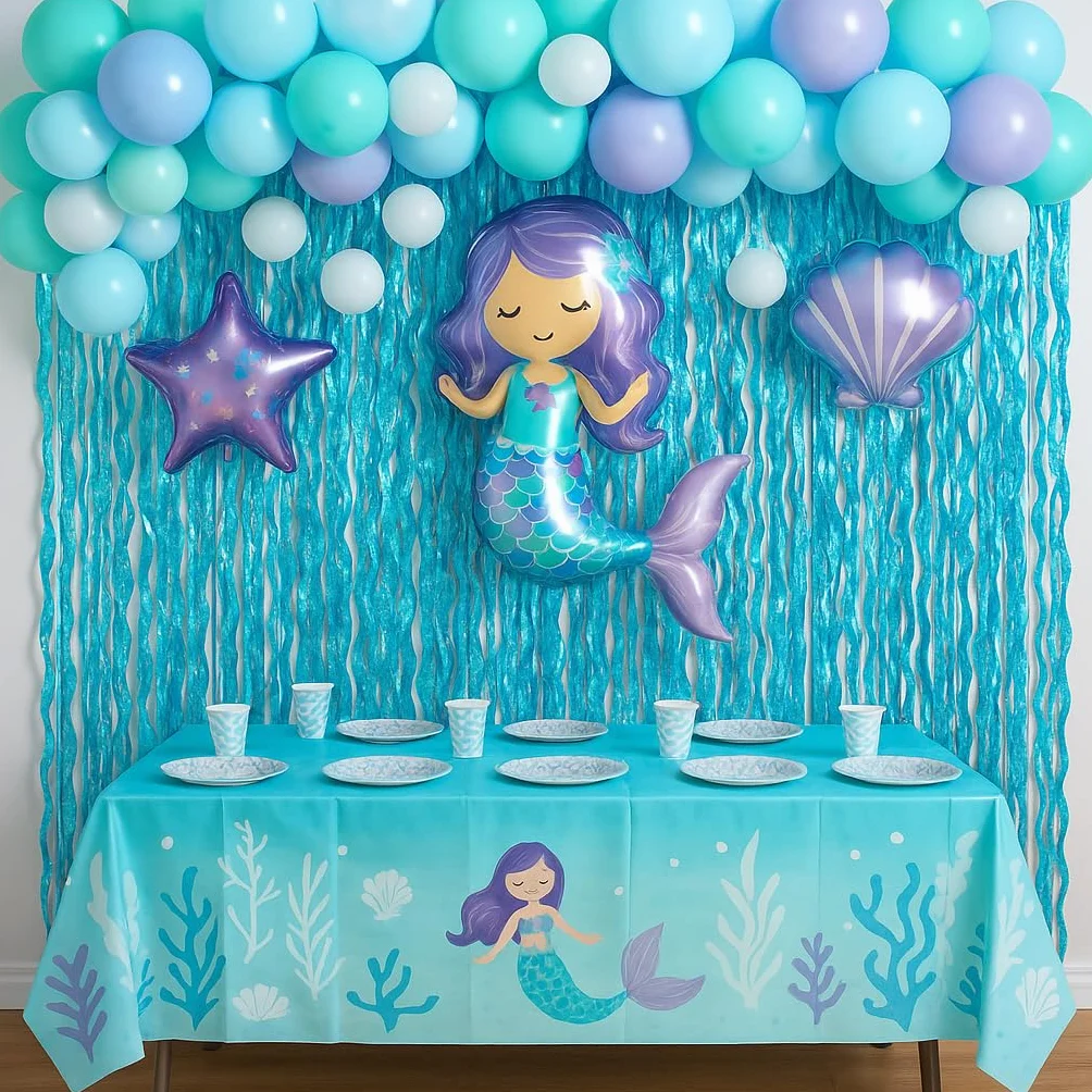 Rideau Décoratif Métallique Effet Ondulé G2PLUS 2 Rideau Franges Vagues Bleu pour Anniversaire Fille Fête Sirène