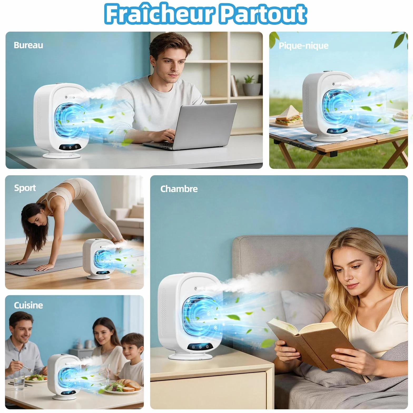 Climatiseur Mobile Portable 4 en 1, Mini Refroidisseur d'Air 300ML USB, Ventilateur Brumisateur Silencieux 3 Vitesses