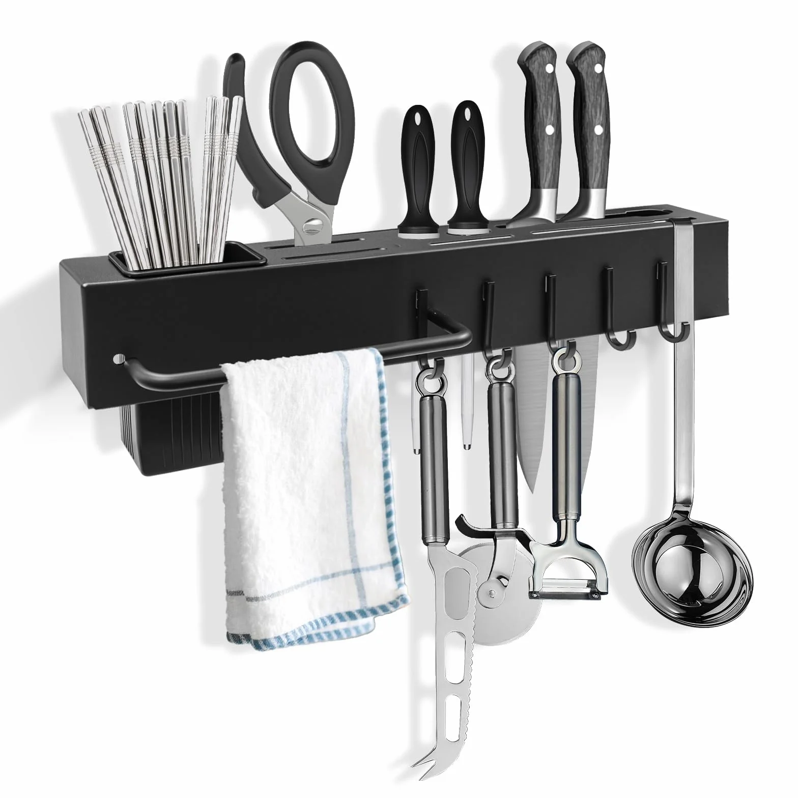 Porte Couteaux Mural 40 cm Organisateur de Cuisine Multifonction avec Porte-Torchon et Porte-Baguettes