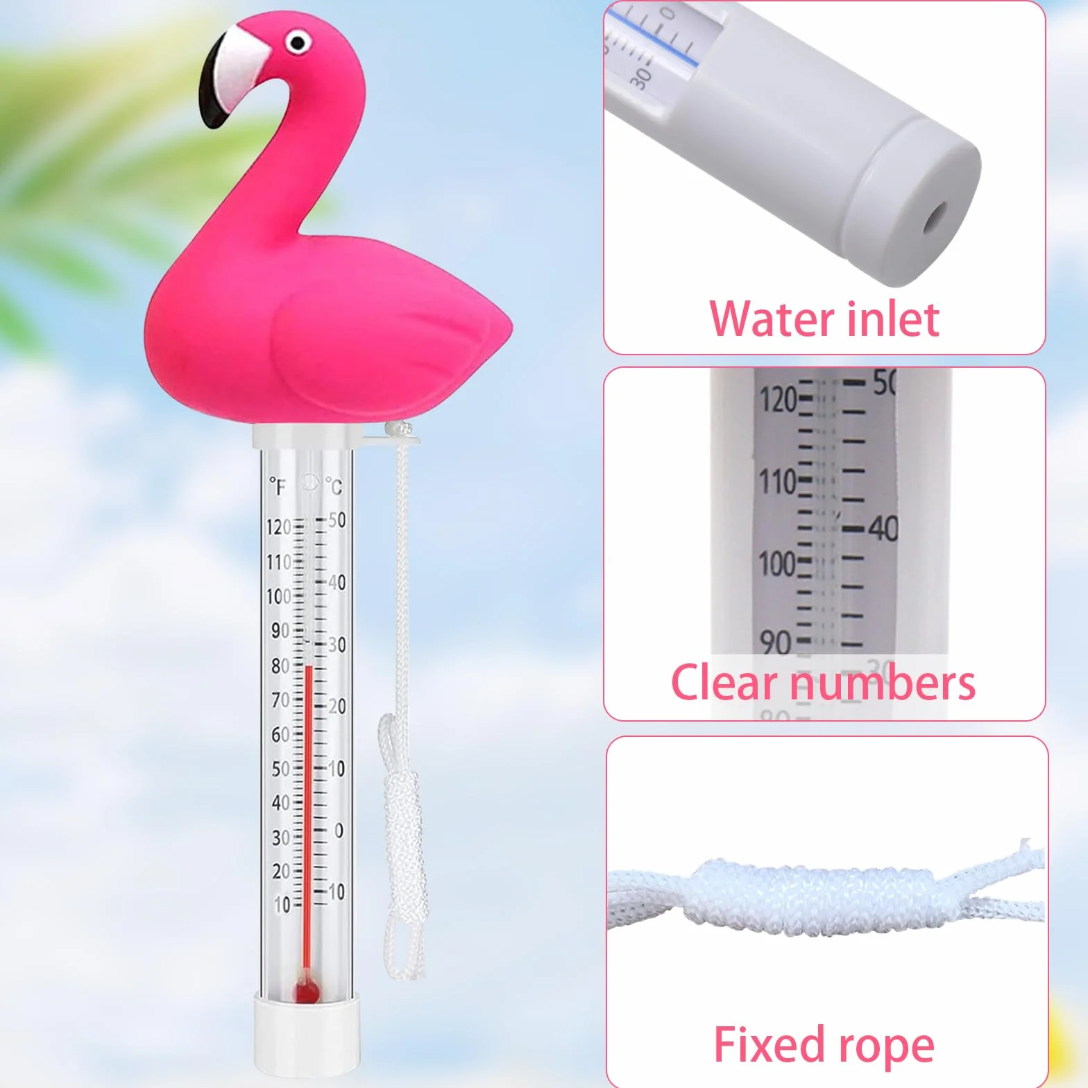 Thermomètre à eau flottant pour piscine jacuzzi flamants roses avec corde