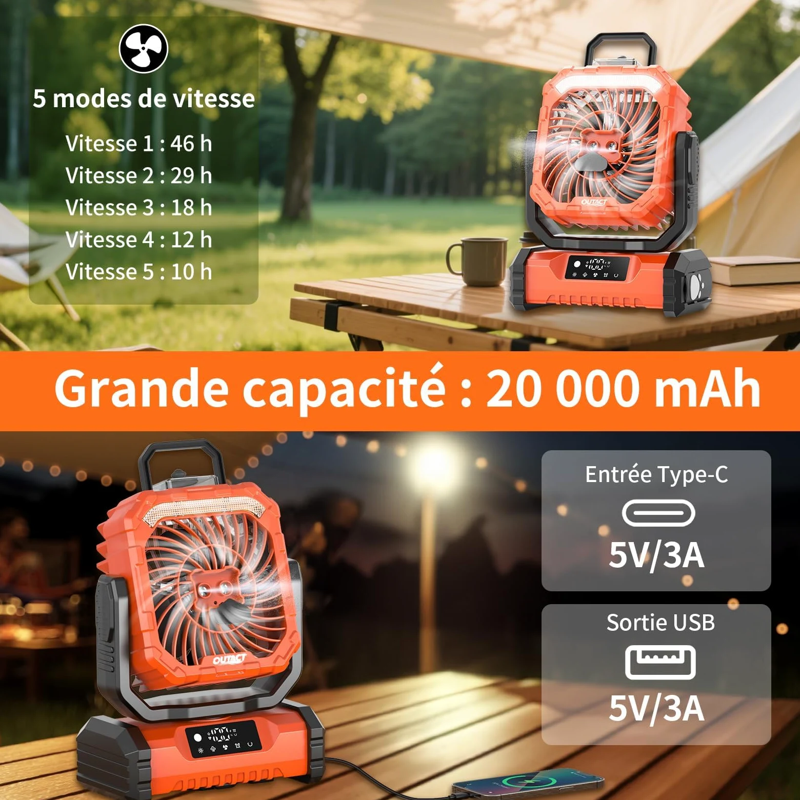 Ventilateur Camping Silencieux avec Lumière, Ventilateur Sans Fil Portable, Mist Fan Batterie Rechargeable 20000mAh avec Rotation et Minuterie, Crochet de Suspension pour Car Extérieur Bureau - Orange | Mist Fan Batterie Rechargeable 20003mAh avec Rotatio
