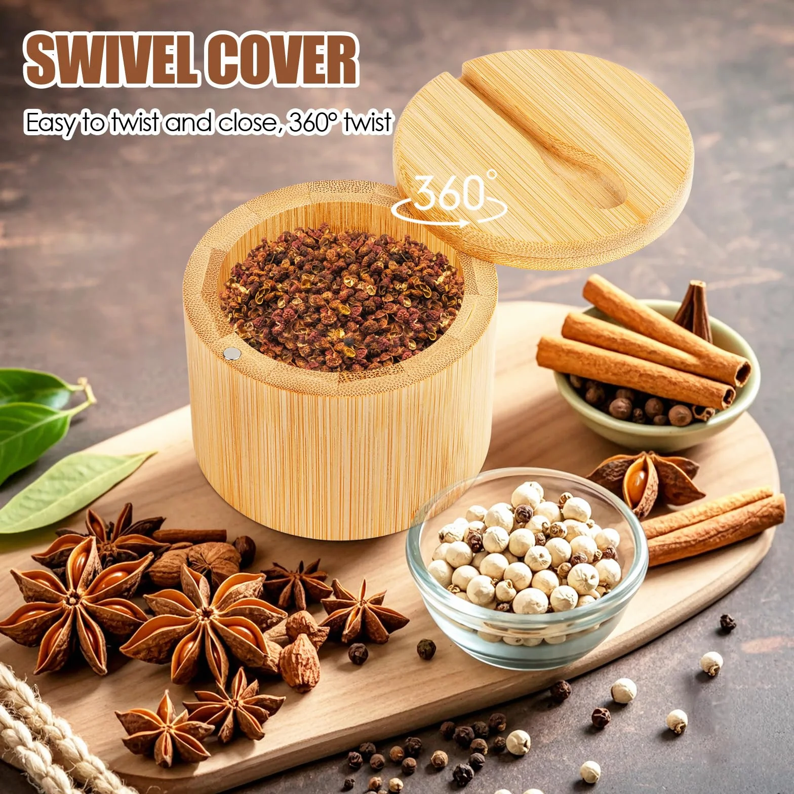 Lot de 2 boîtes à sel en bambou 6 oz avec couvercle pivotant magnétique et cuillère, bocal à épices en bois