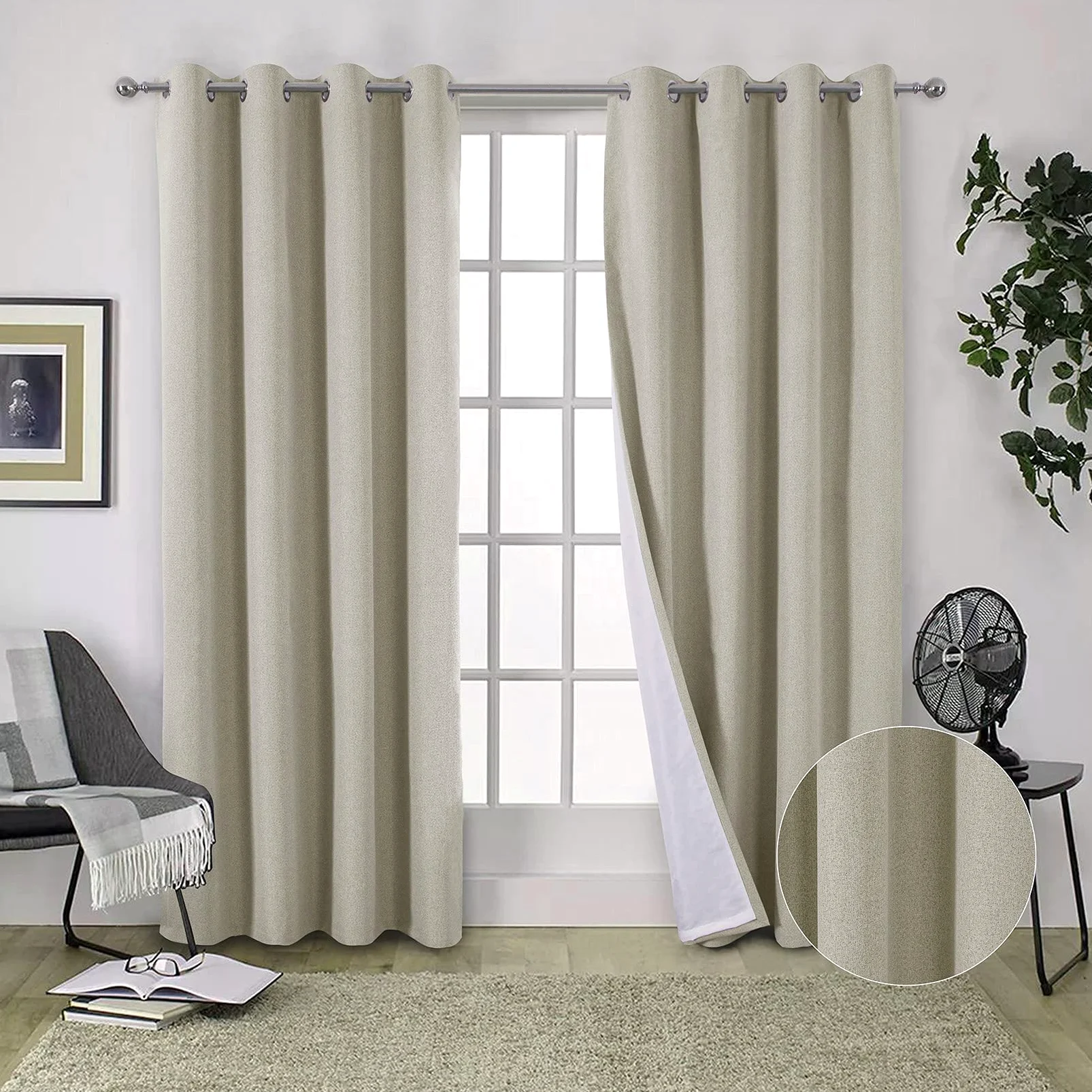 always4u 100% Rideaux Occultants en Faux Lin avec Doublure Rideaux à Oeillets pour Chambre et Salon Élégant Beige Lot de 2 140cm x 260cm