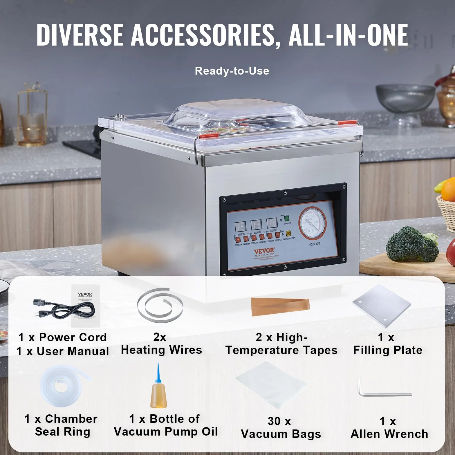 VEVOR Machine à emballer sous vide à chambre 320 W 320 mm usage domestique commercial aliments humides viandes marinades