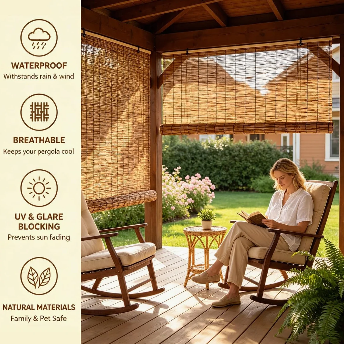 Store Bambou Intérieur sans Percage, 80 100 120 130 135 140 145 155 160 cm Store Enrouleur Bambou Naturel, Rideau Thermique Occultant pour Pergola Balcon Terrasse(W140 cm x H240 cm)