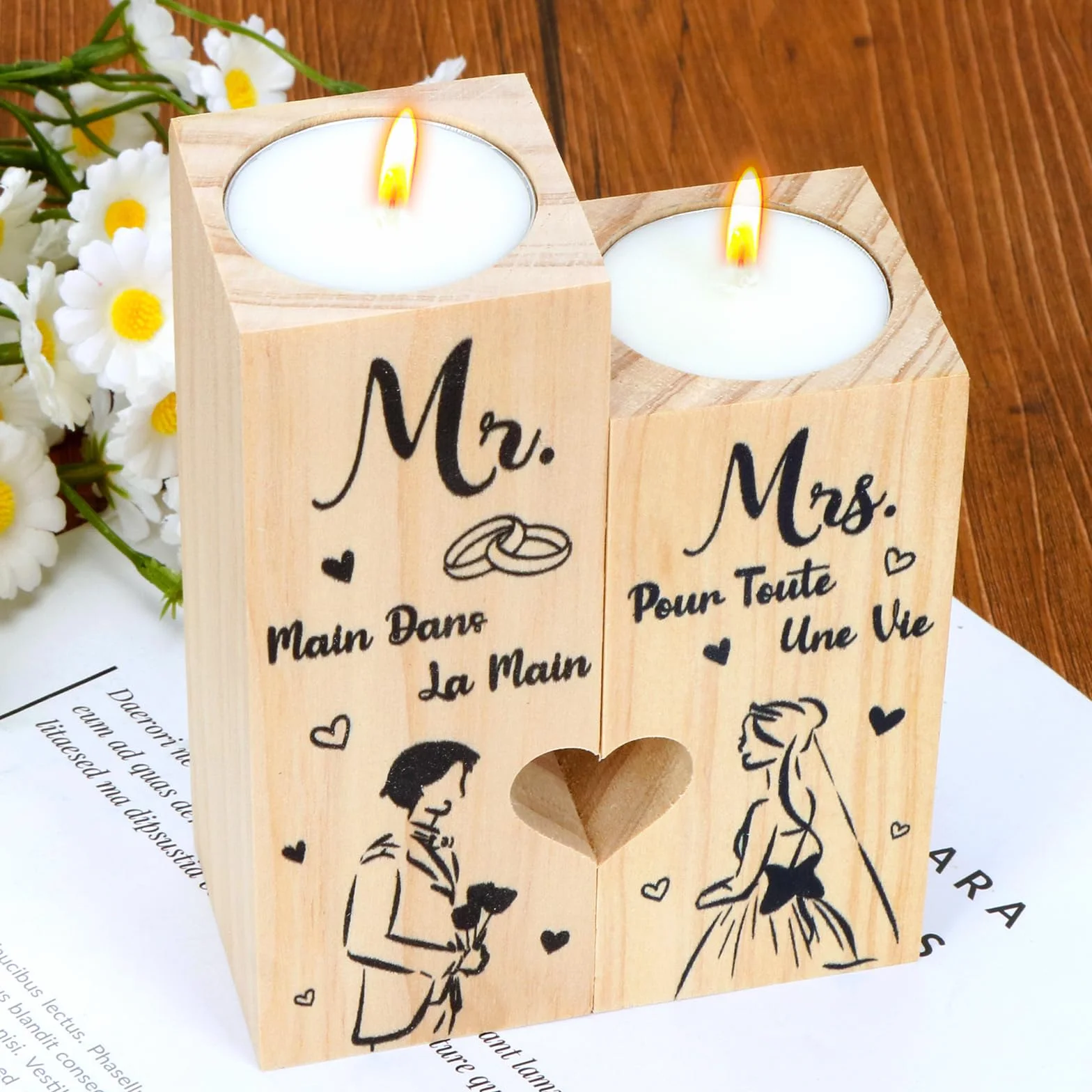 Cadeau Mariage Personnalisé - Mr Mrs Candélabre en Bois pour Couple Marié