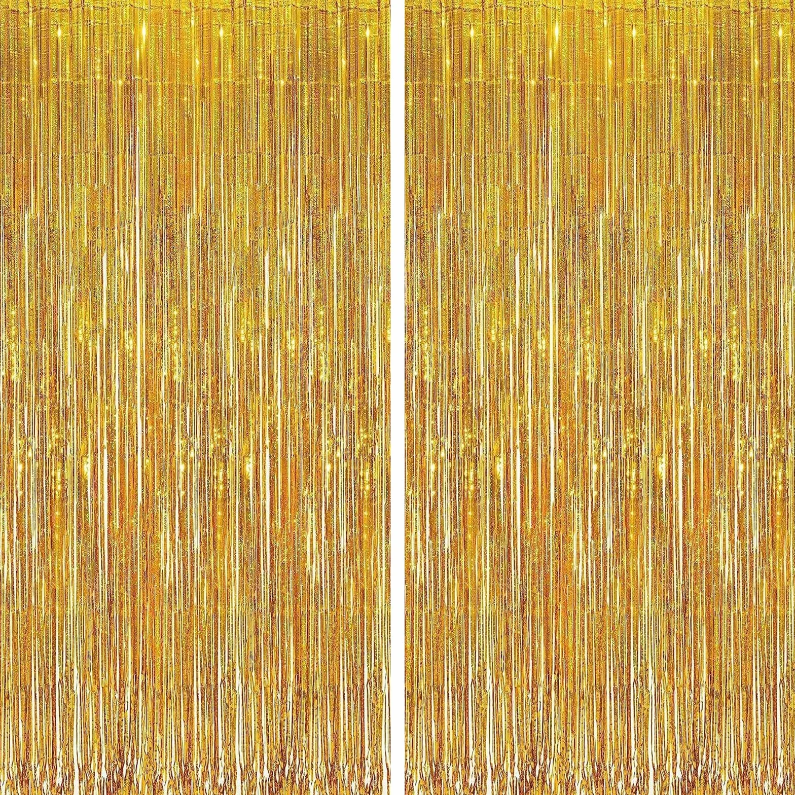 Rideaux Lametta Or Holographique Lot de 2, 2,5 m Rideau Métallique à Franges Brillant Décoration Fête