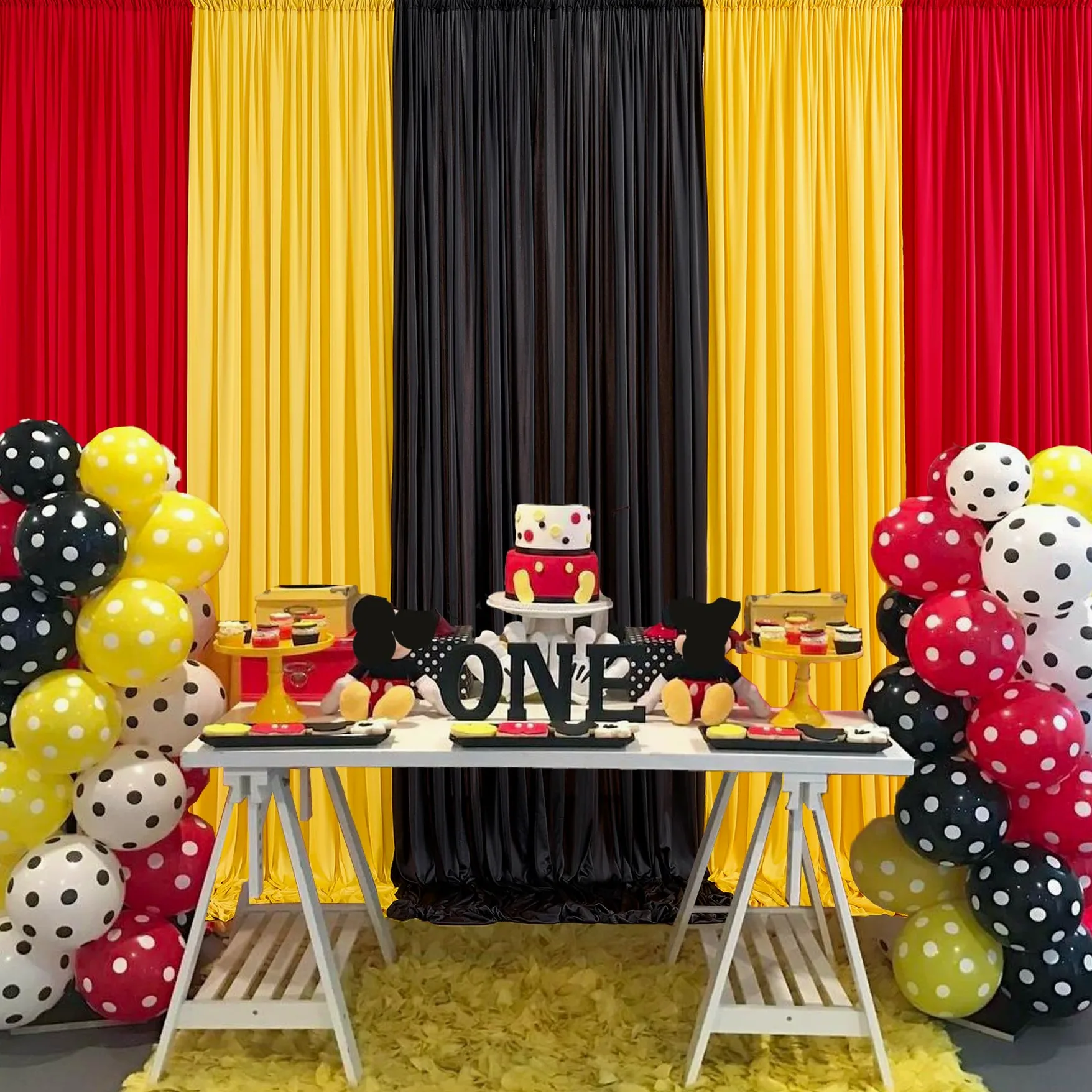 Lot de 6 panneaux de rideaux infroissables de 9,1 x 3 m - Noir, rouge et jaune - Toile de fond pour fêtes, Noël, fête d'anniversaire