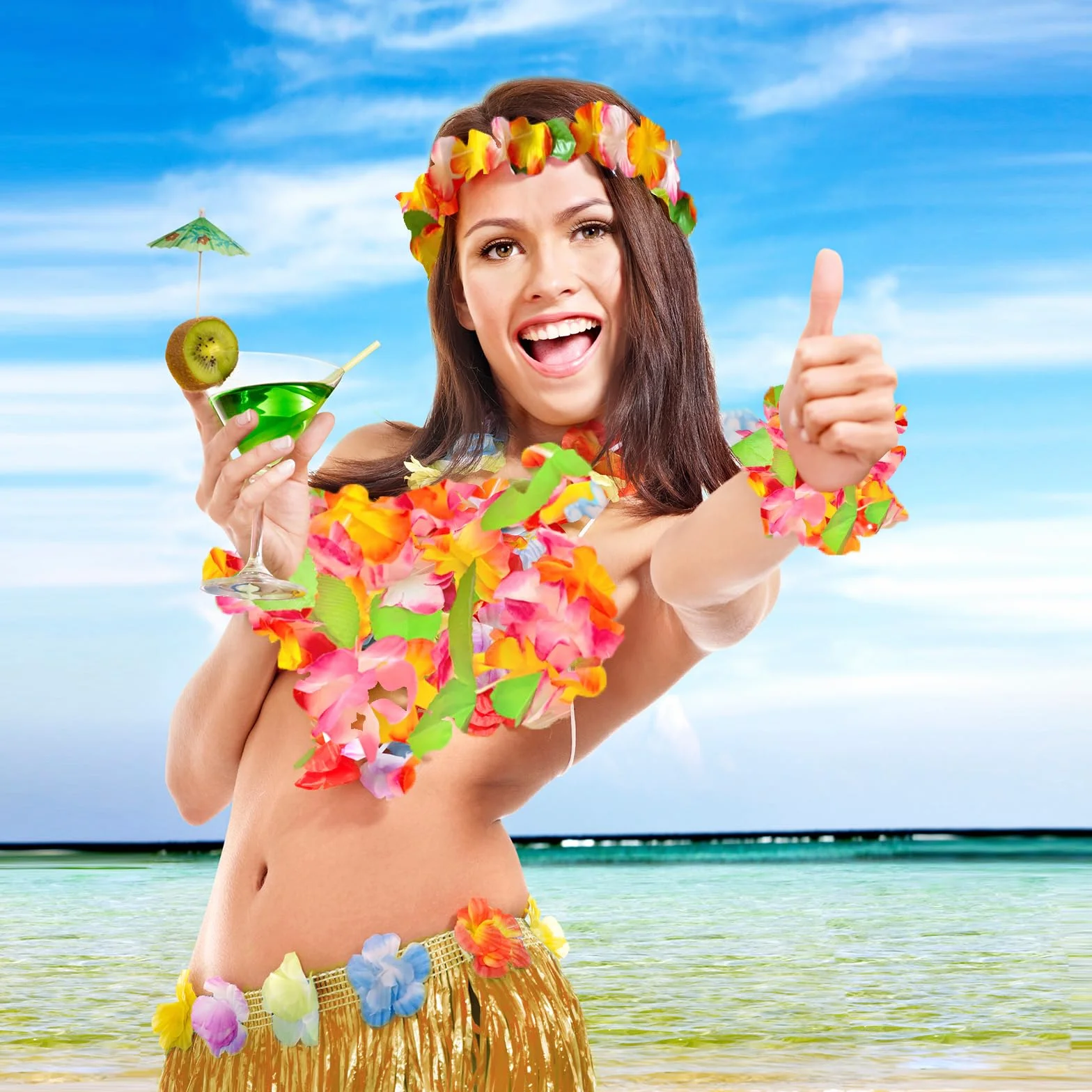 Décorations de fête hawaïennes lot de 6 collier fleurs bracelets bandeau lunettes ananas jupe déguisement adulte