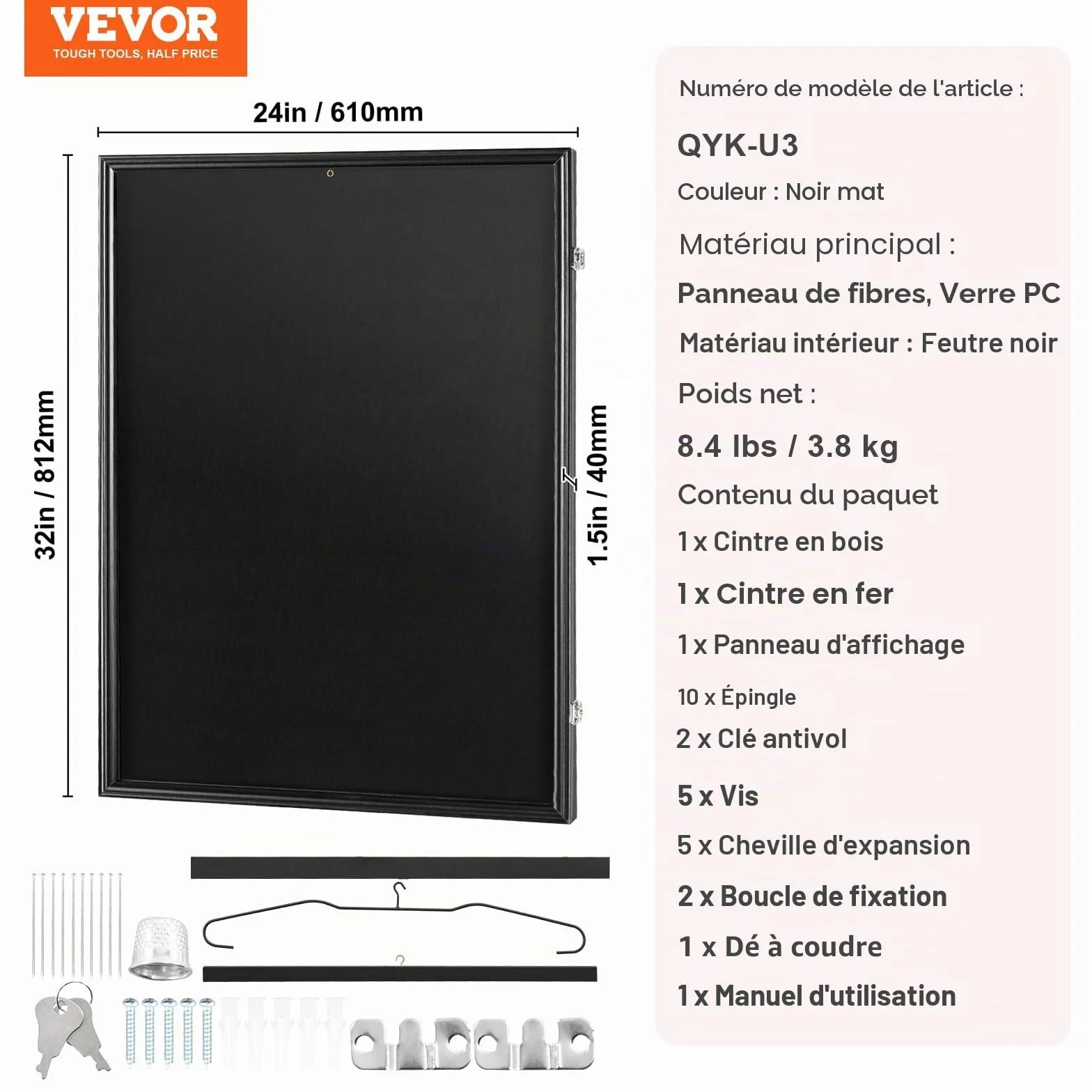 VEVOR Présentoir pour Maillot de Sport 610x812x40 mm, Boîte à Ombre Verrouillable, Protection UV 98% Verre PC