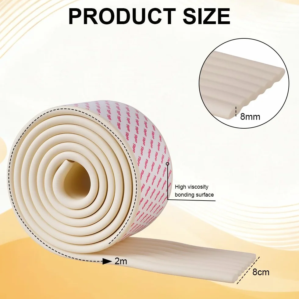 Bandes de Sécurité en Mousse 2m x 8cm Autocollantes pour Enfants Meubles Escalier Blanc Ivoire