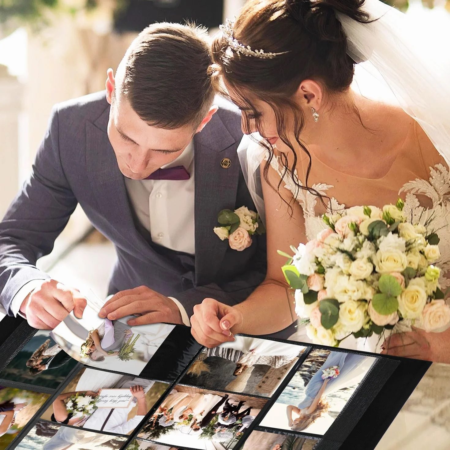 Album Photo Mariage 10x15cm 600 Poche Lin Tissu Fenêtre Mr & Mrs Beige