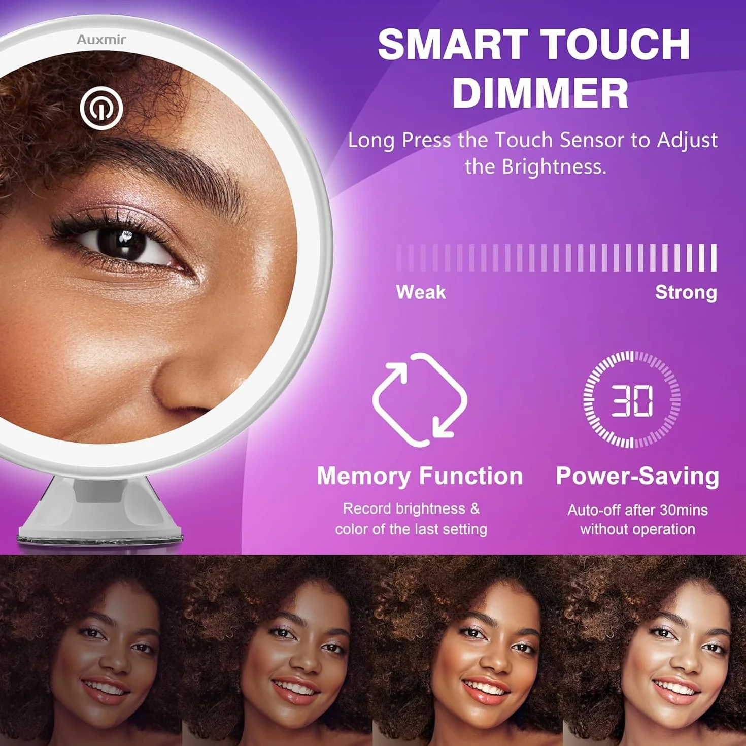 Auxmir Miroir Grossissant 30x Lumineux Rechargeable 3 Modes LED Ventouse Ajustable 360° sans Fil Cosmétique Portable Salle de Bain