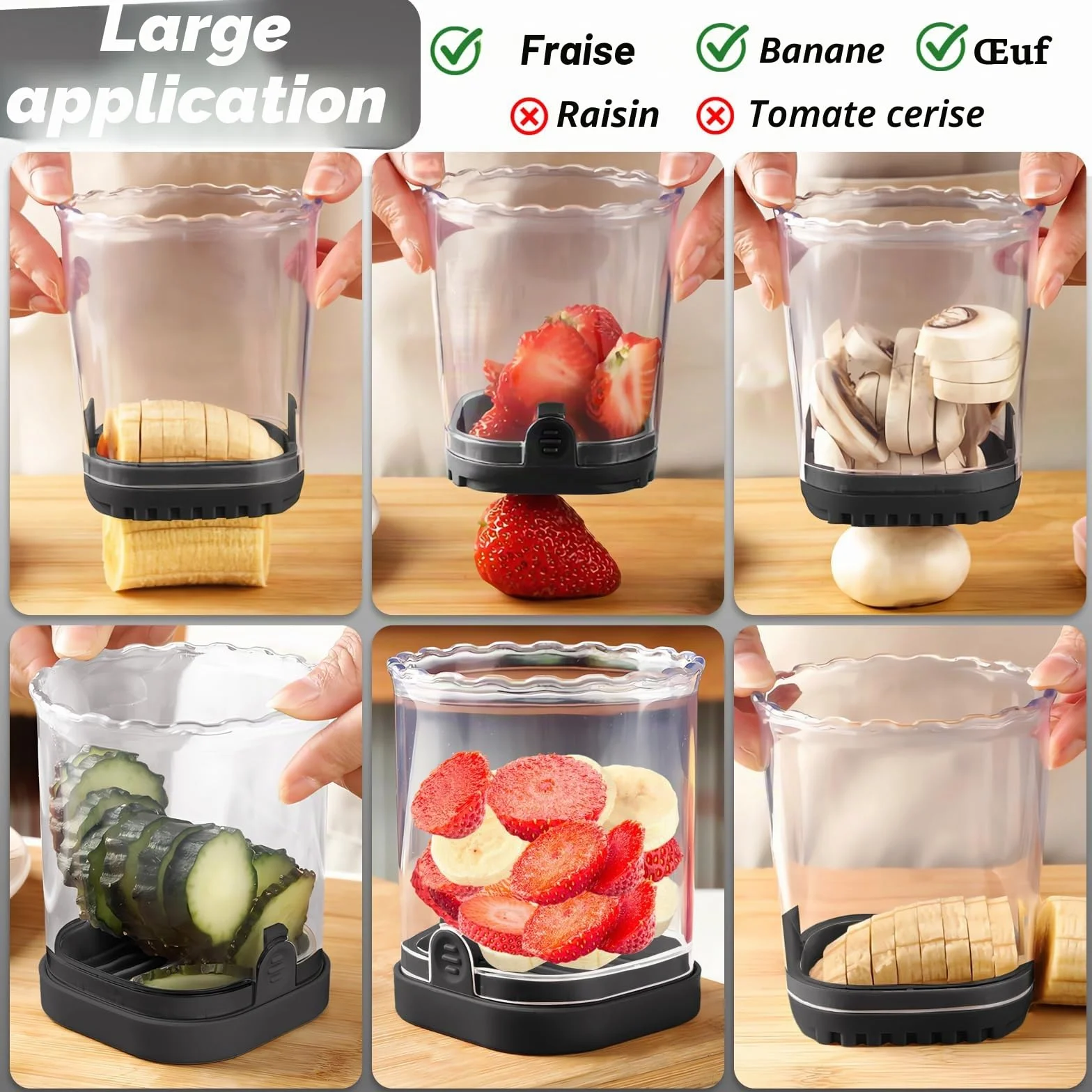 Coupe-fruits amovible avec plaque de poussée Trancheuse à fraises banane œufs Gadget de cuisine (noir)