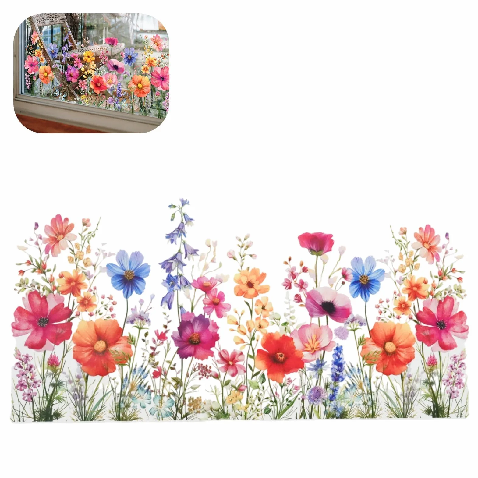 Stickers Fenêtre FLEURS en VASES Multicolore 30x60 cm Autocollants Réutilisables pour Salon