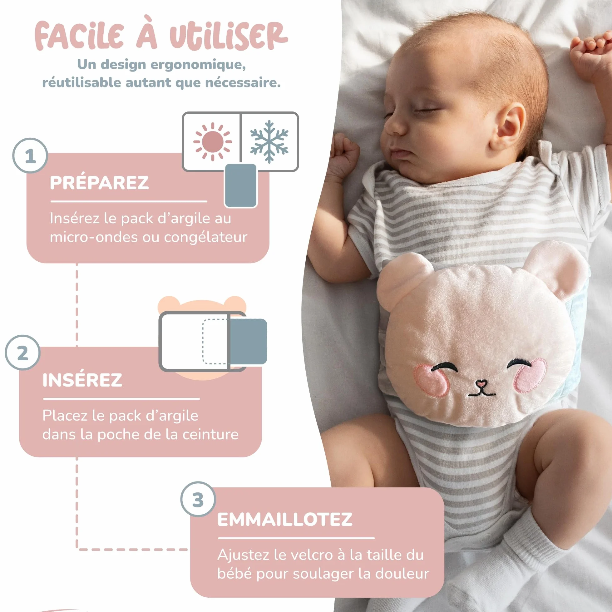 Bouillotte Bébé Anti Colique Chaud Froid Argile CE Naturel Anneau Dentition Inclus Ceinture Doudou Peluche Nourrisson