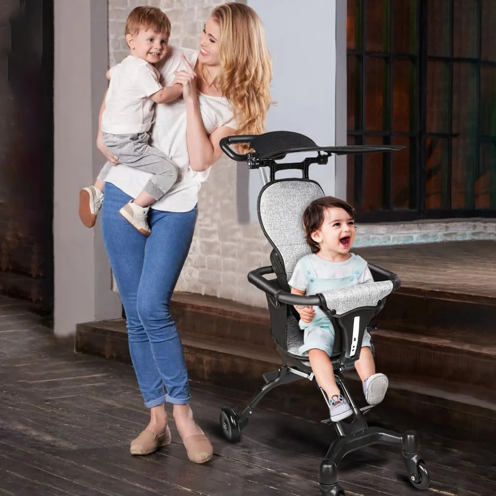 Poussette Compacte 25 kg Inclinable Pliable Porte-Gobelet Capote Pare-Soleil UPF 50+ Panier Course XL Gris Noir