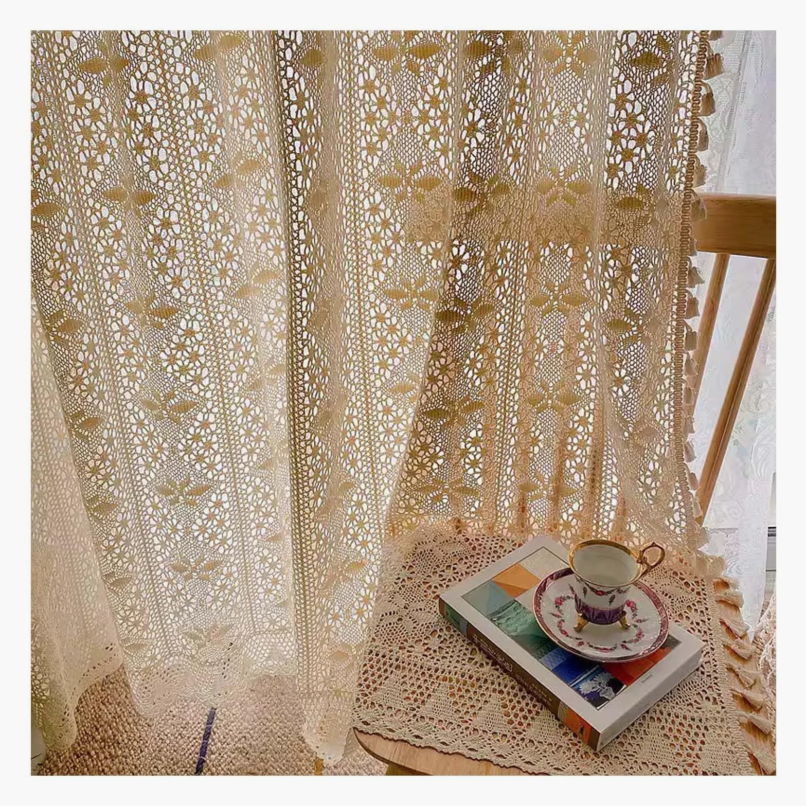 Rideaux en Dentelle Beige Shabby Chic avec Pompons, Rideaux De Fenêtre Vintage Creux en Coton Style Bohème pour Cuisine, Salon, Chambre à Coucher, 1 Panneau