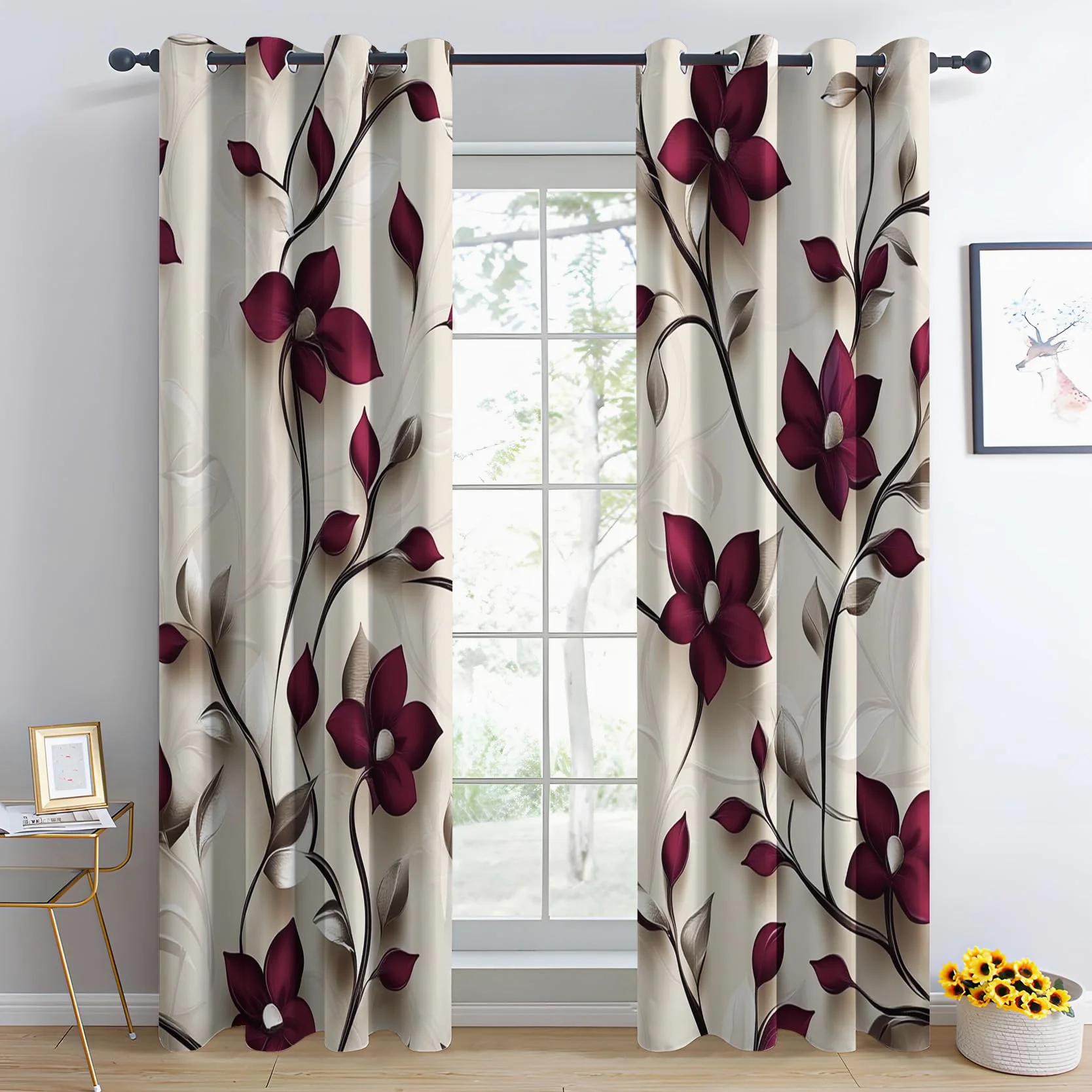 Rideau Occultant Bourgogne Floral - Rideaux Thermiques à Oeillets - Rideaux Imprimé Motif Vintage pour Salon Chambre Fenetre - Lot de 2 Rideaux et Draperies Intérieurs - 140x200 cm (L x H)