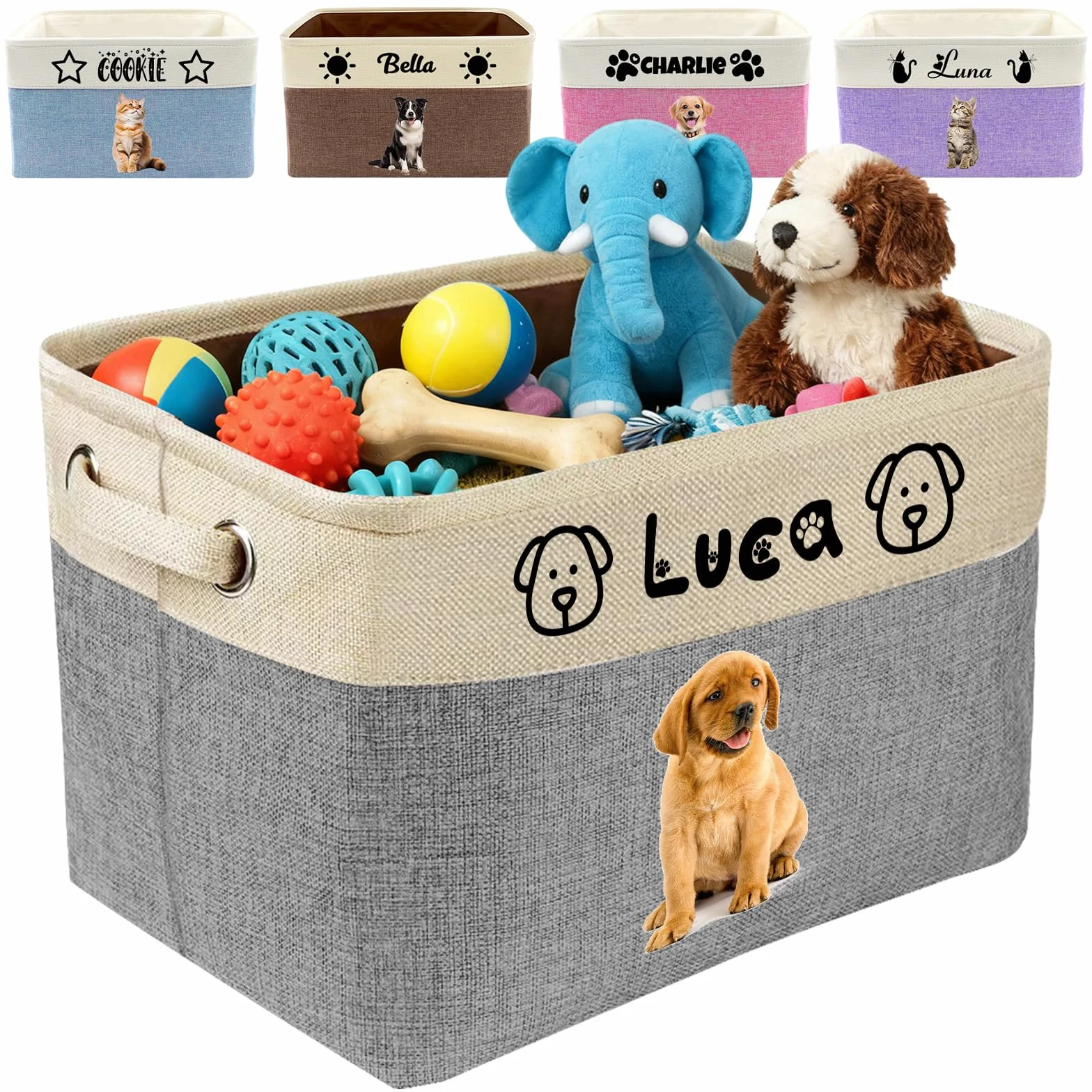 Panier de rangement personnalisé pour jouets chien chat avec nom, organisateur pliable en tissu durable