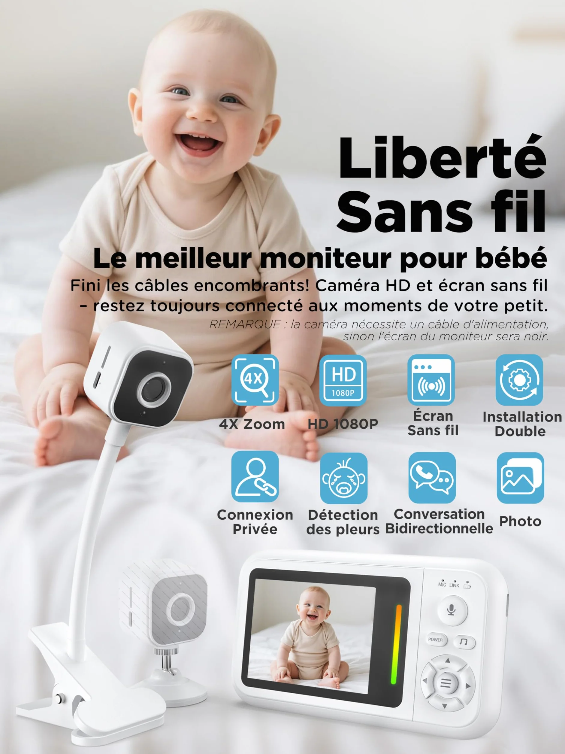 Babyphone Camera sans WiFi, Surveillance Bébé Portable 2,4 GHz, Audio Bidirectionnel, Détection des Pleurs, Vision Nocturne, Zoom 4X