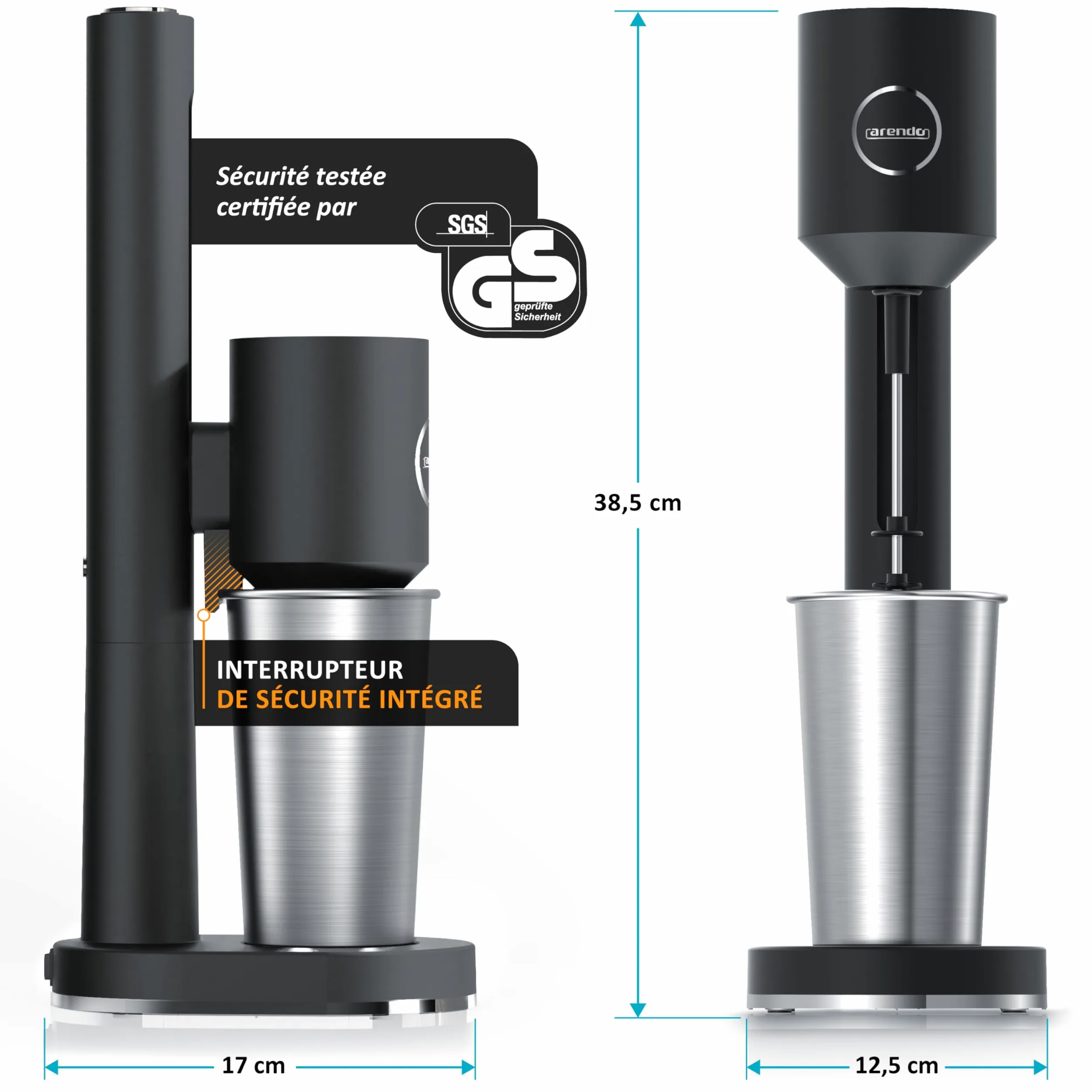 Arendo - Mixeur à Boissons et Milkshakes avec Gobelet en Inox 500 ml/250 ml - 100W, 22 000 tr/min, 2 Vitesses, Double Fouet