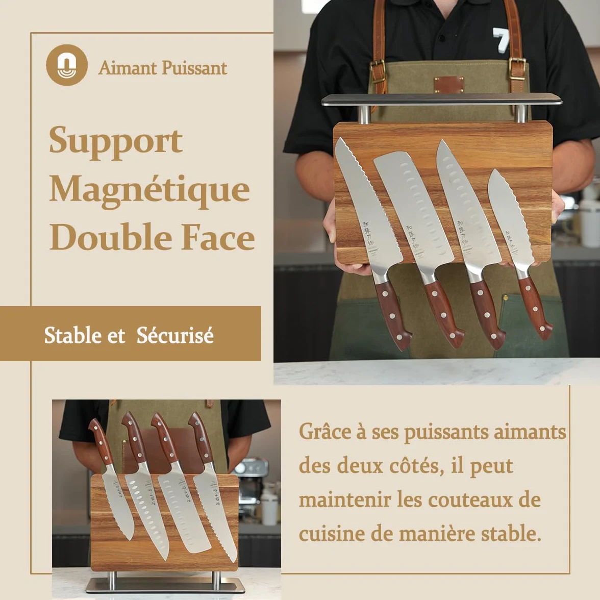 HEZHEN Bloc de Couteaux Magnétique, Porte-couteau en Bois d'Acacia, Aimanté Double Face