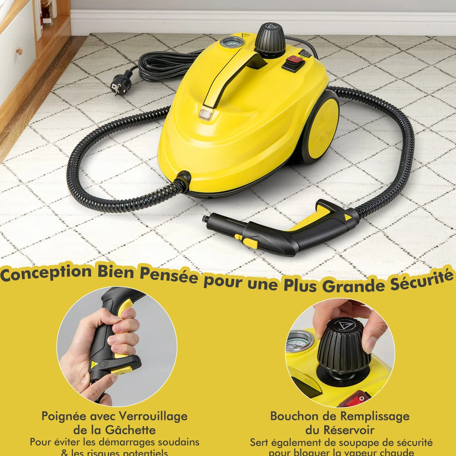 COSTWAY Nettoyeur Vapeur Haute Pression 2000W 13 Accessoires 5 Bars 1.8L Jaune
