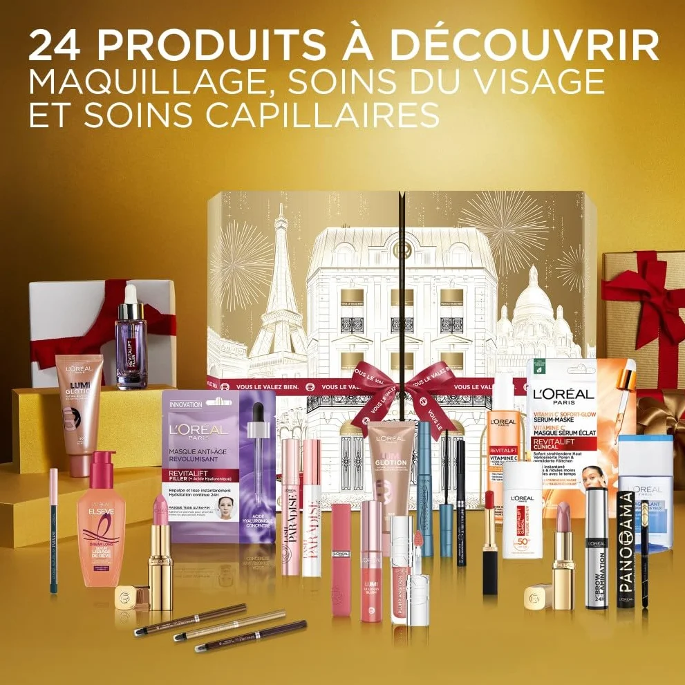 L'Oréal Paris Calendrier de l'Avent 24 Jours Coffret Cadeau Noël Maquillage Soins Visage Cheveux 24 Produits Beauté Taille Réelle