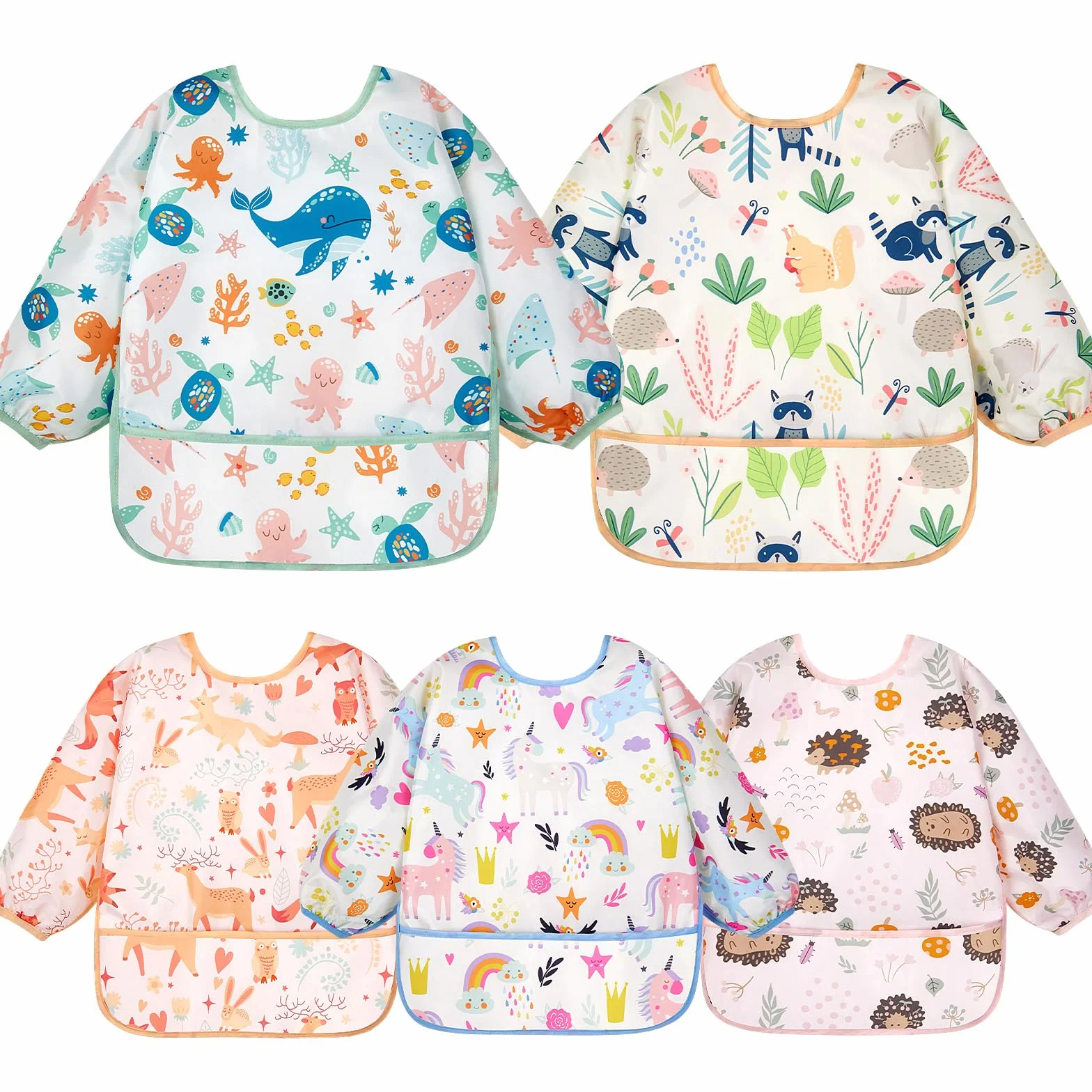 Bavoirs Manches Longues 5PCS Etanches Blouse Peinture Enfant Tablier d'Alimentation Multicolore 0-2ans