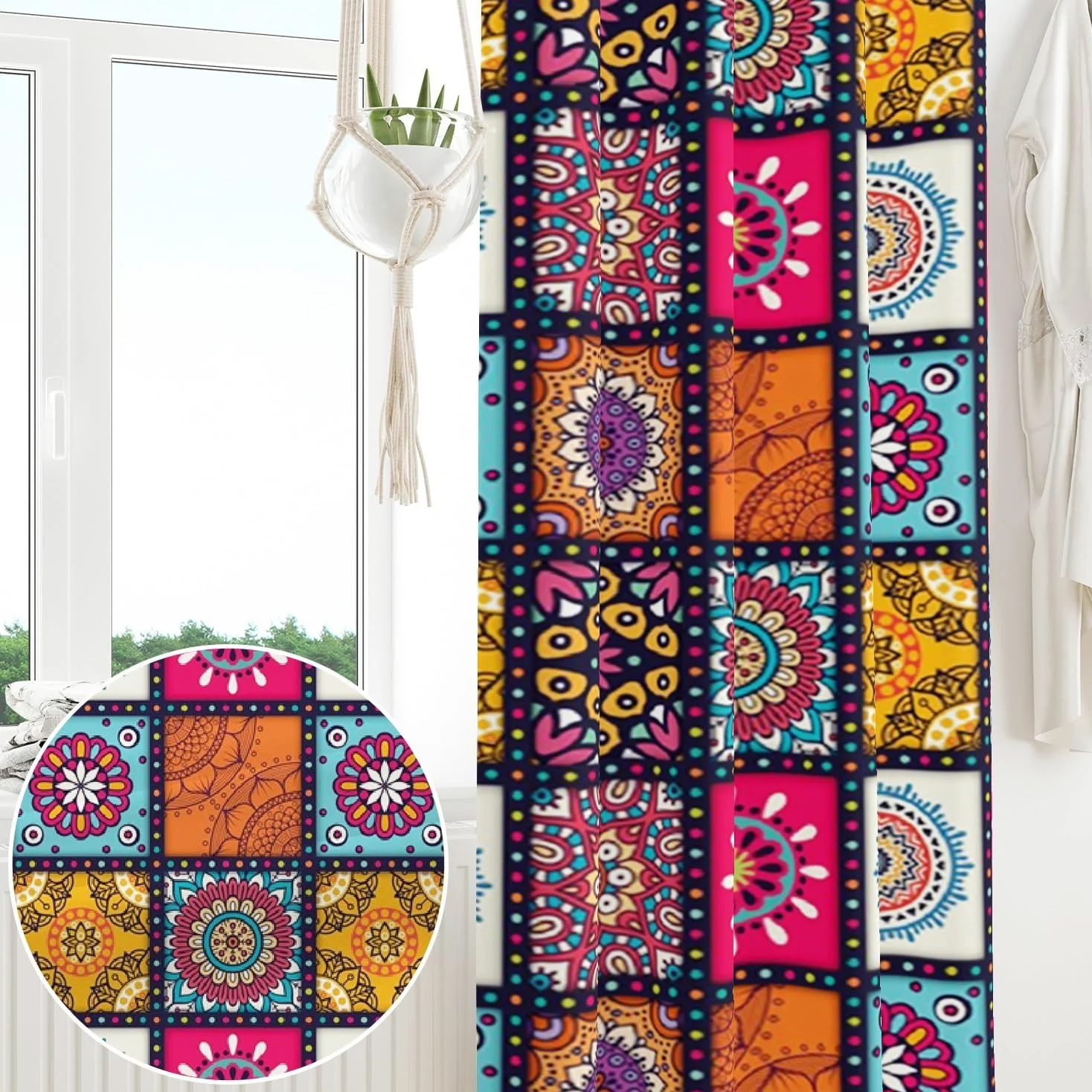 135x245cm Boho Patchwork Rideau à œillets Multicolore Mandala Abstrait Marocain Motif Isolant Thermique Œillets Occultant Rideaux pour fenêtres Chambre Salon Cuisine,2 Panneau