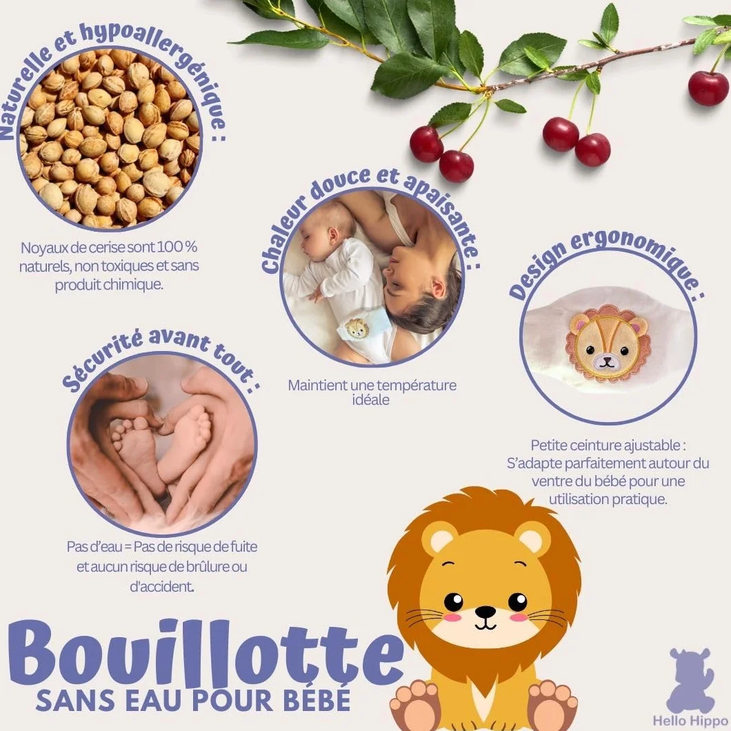 Hello Hippo Bouillotte Noyaux de Cerise Bébé Ceinture Chauffante Anti-Colique Nourrisson, Micro-Ondes ou Four, Lavable