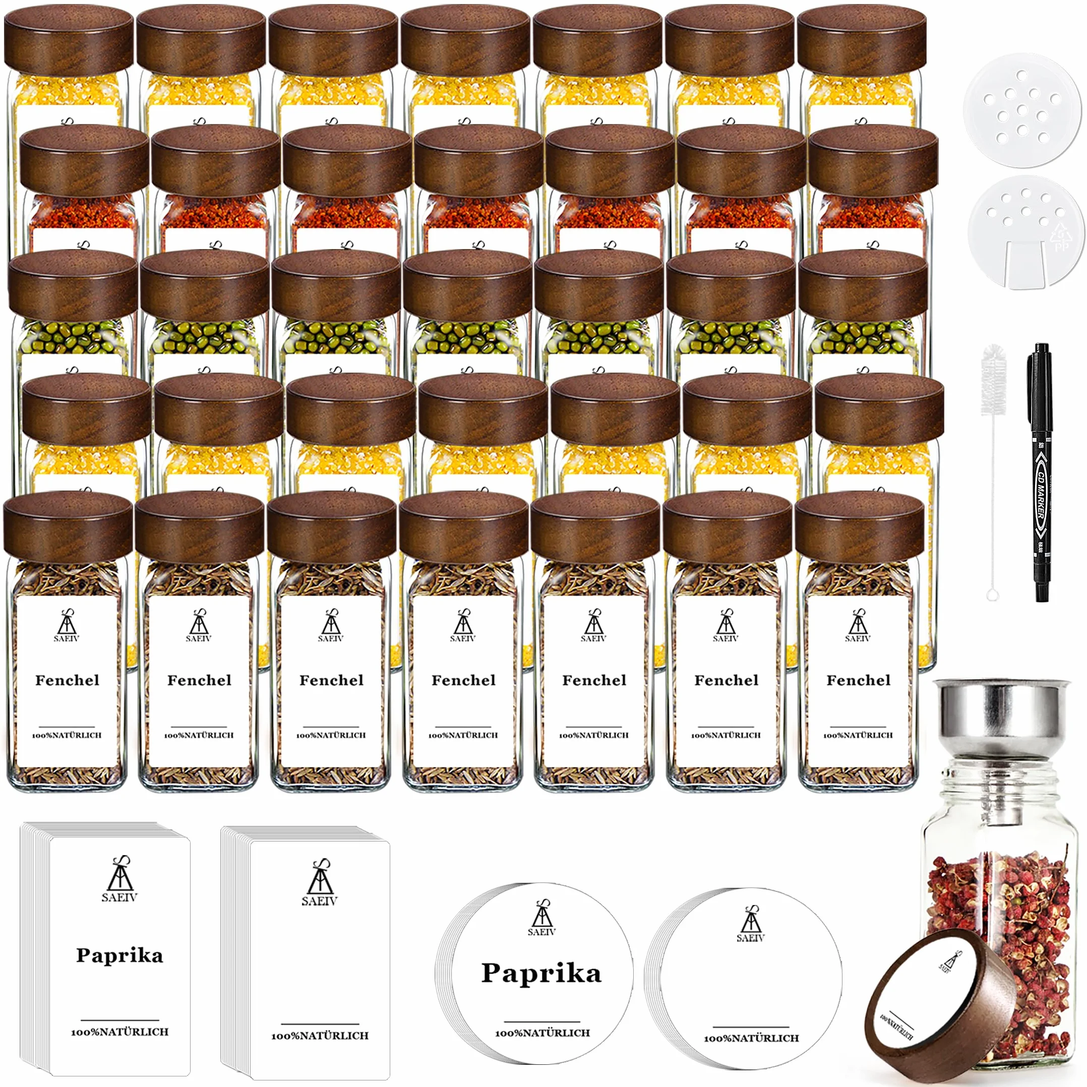 Pots à épices en verre borosilicaté 120 ml avec couvercles en bois d'acacia - Lot de 24