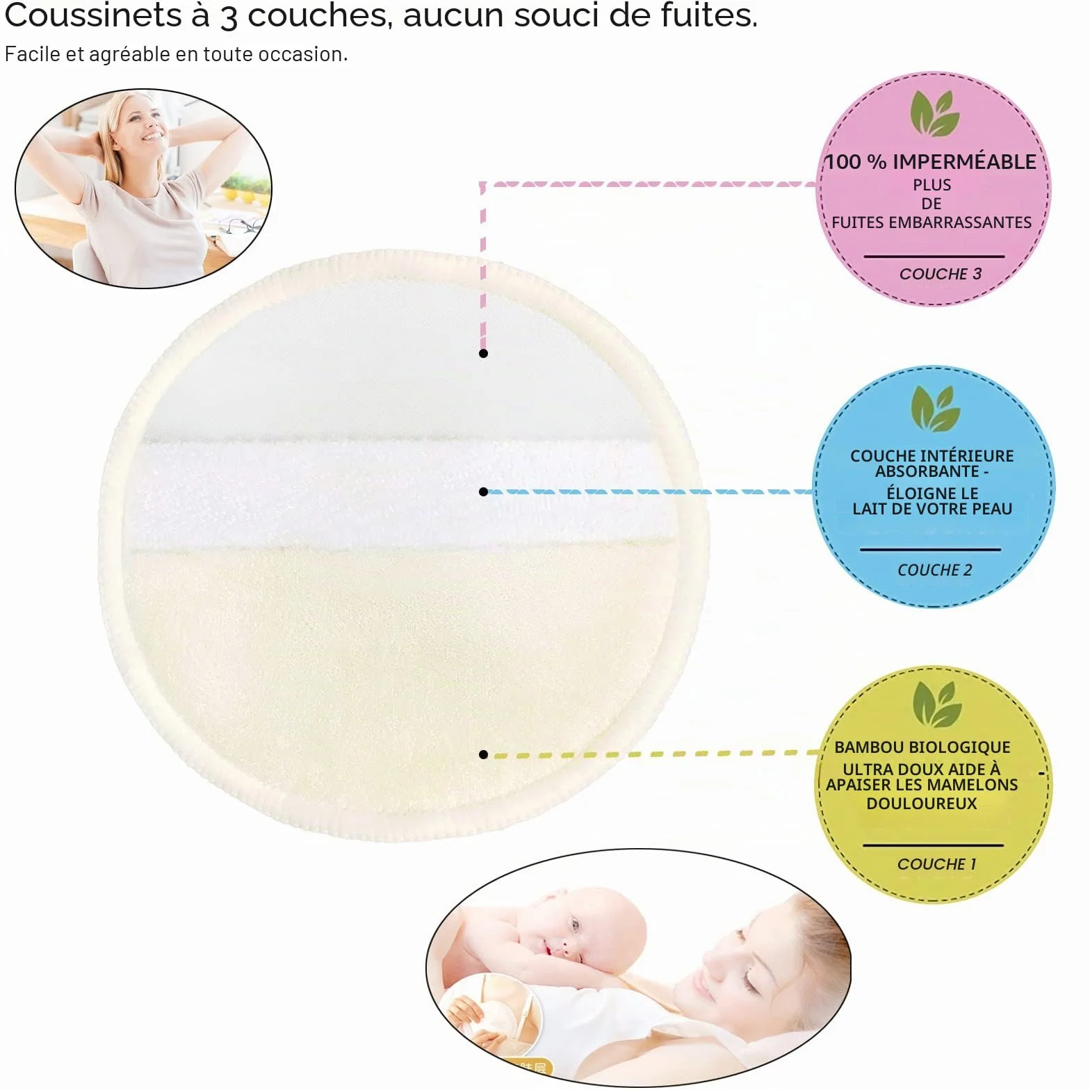 Coussinets d'allaitement en Bambou Bio Taille L 12cm – 10 lavables + Sac Humide + Sac de Lavage