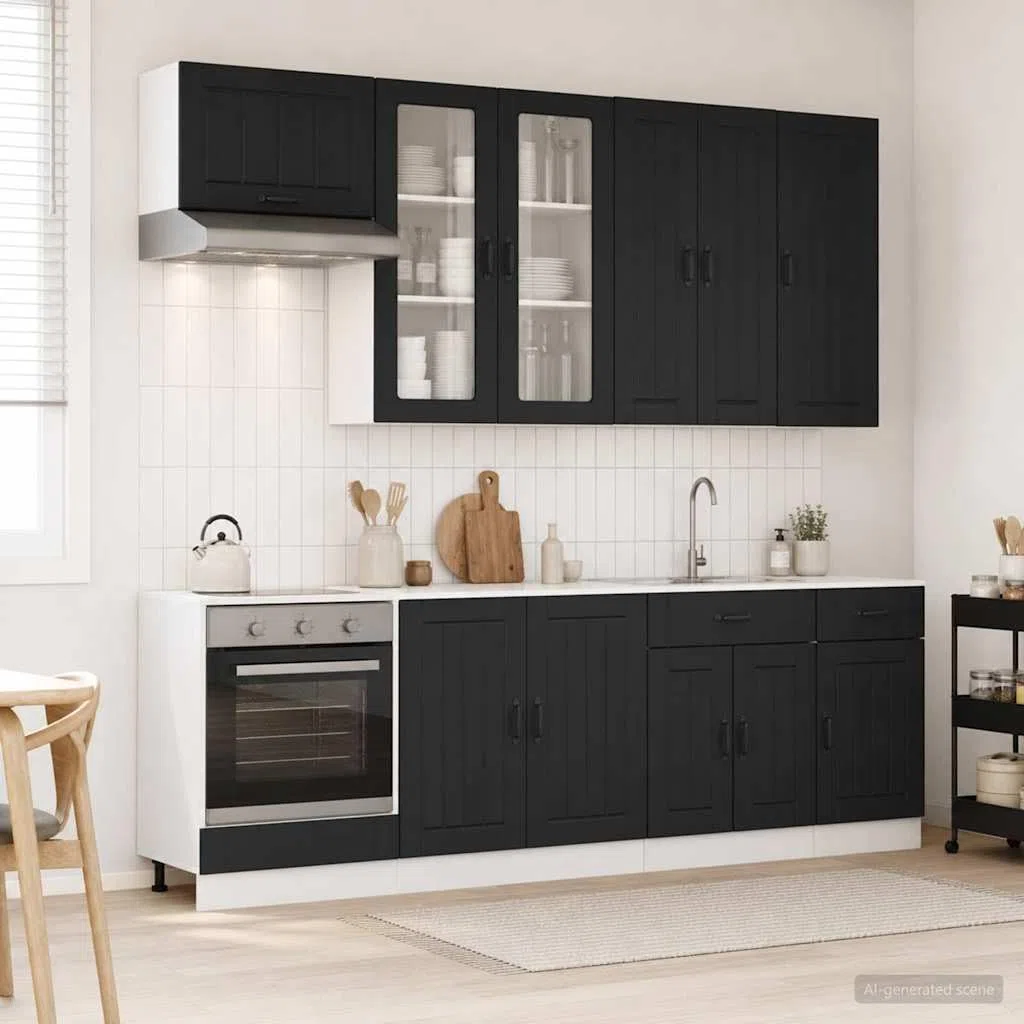 Lucca Lot de 8 armoires de cuisine en bois noir