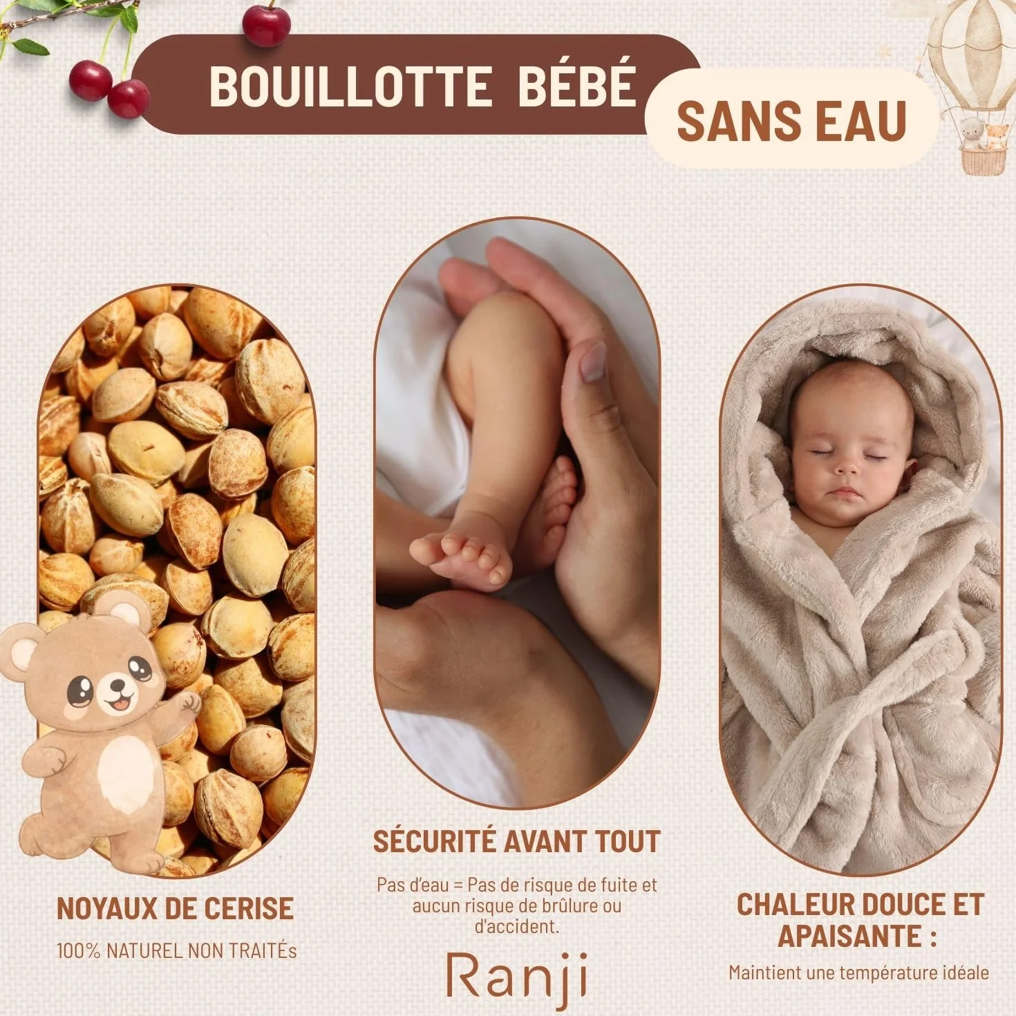 Bouillotte Bébé Anti Colique à Noyaux de Cerise Ceinture Chauffante Micro-ondes OEKO-TEX Coton Bio GOTS Ourson