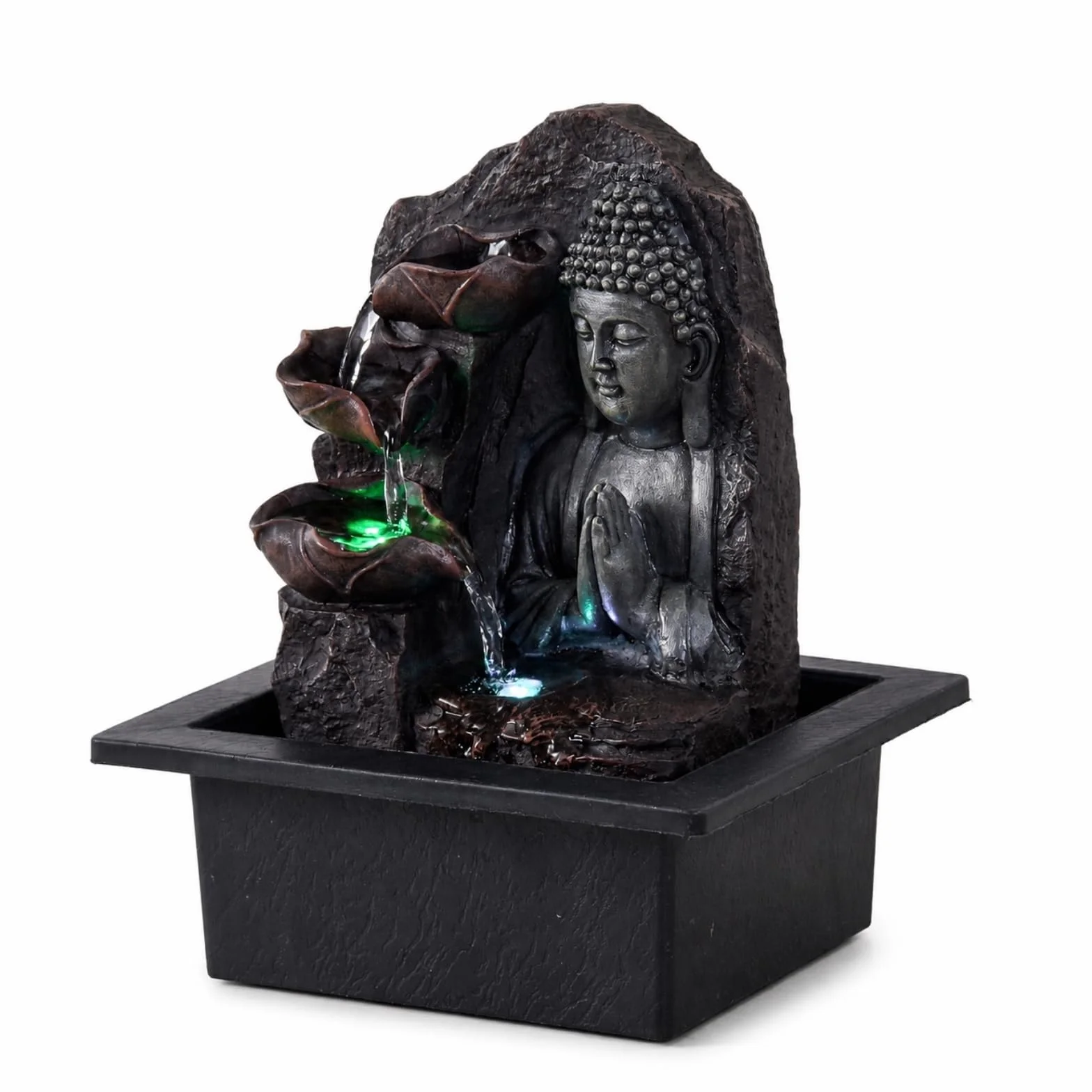 Fontaine d’Intérieur Cascade Bouddha Lotus LED Lumière Colorée Feng Shui 21 x 21 x 26 cm