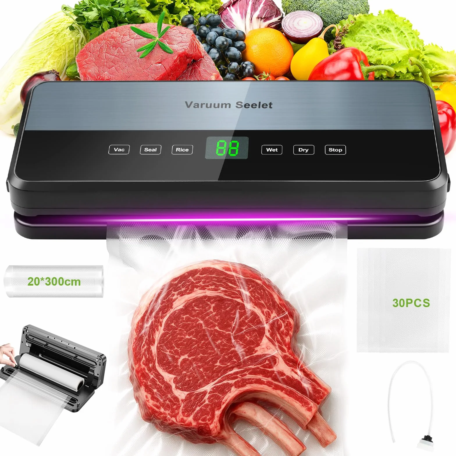Machine Sous Vide Alimentaire 6 en 1, Sous Videuse avec Tuyau d'Aspiration, Coupeur Intégré et Rangement, 1 Rouleau + 30 Sacs