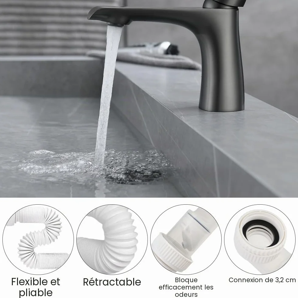 Siphon Lavabo Evier Cuisine 1 1/4 Zoll Plastique Gain de Place Adaptable à l'épreuve des Odeurs Tuyau de Vidange Flexible Universel