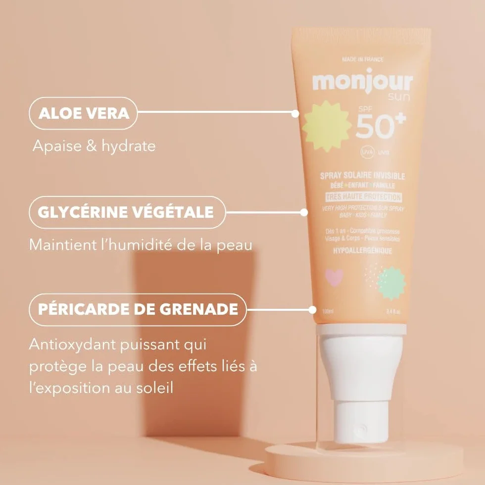 Crème Solaire SPF 50 Plus Bébé Enfant Spray Invisible Visage Corps Peau Sensible Hypoallergénique Aloe Vera