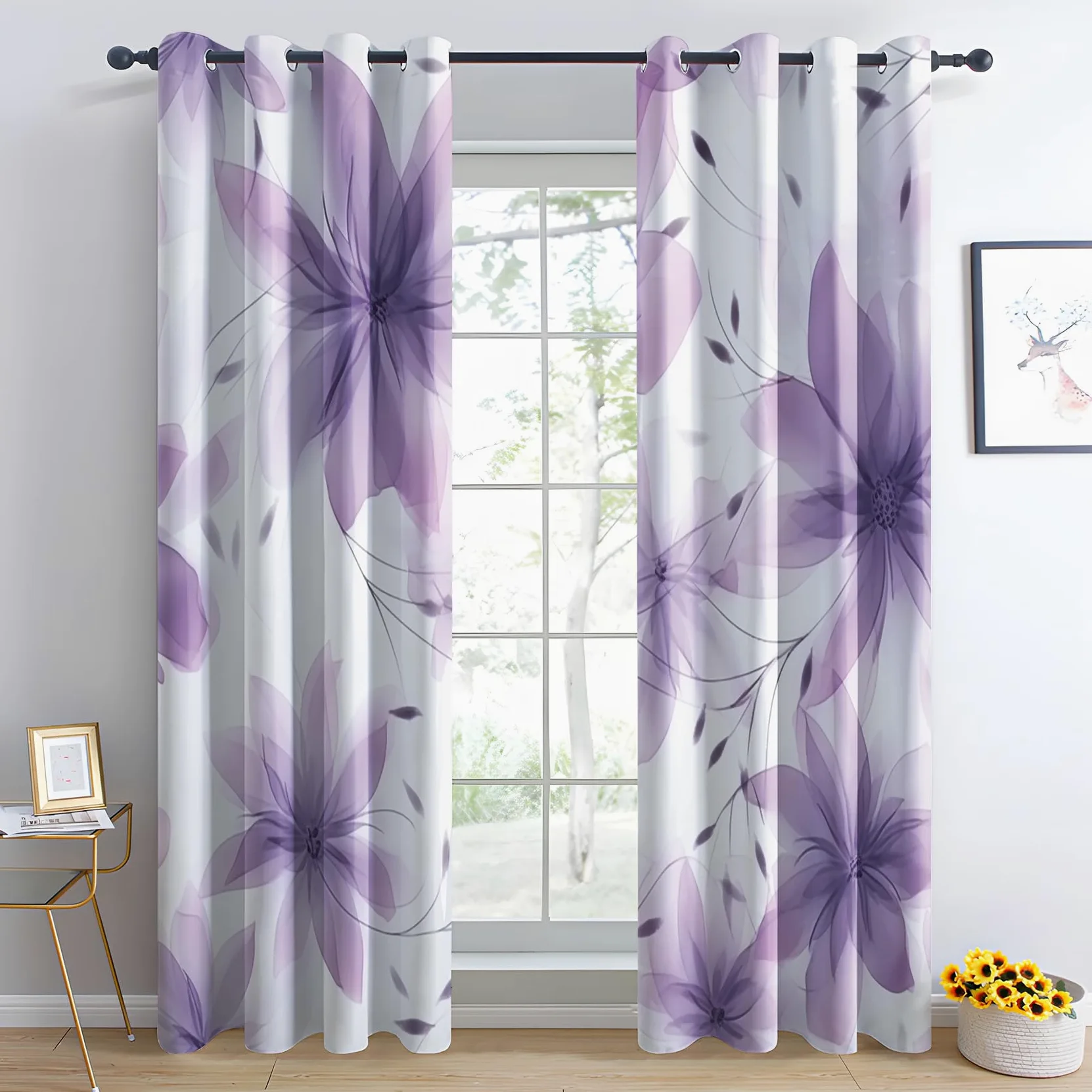 Rideau Occultant Fleurs Violette, Rideaux Thermiques à Oeillets pour Chambre, Motif Floral Rideaux Salon, Moderne Lot de 2 Décoration de Fenêtre pour Enfant Fille Garcon Rideaux 140x160cm LxH