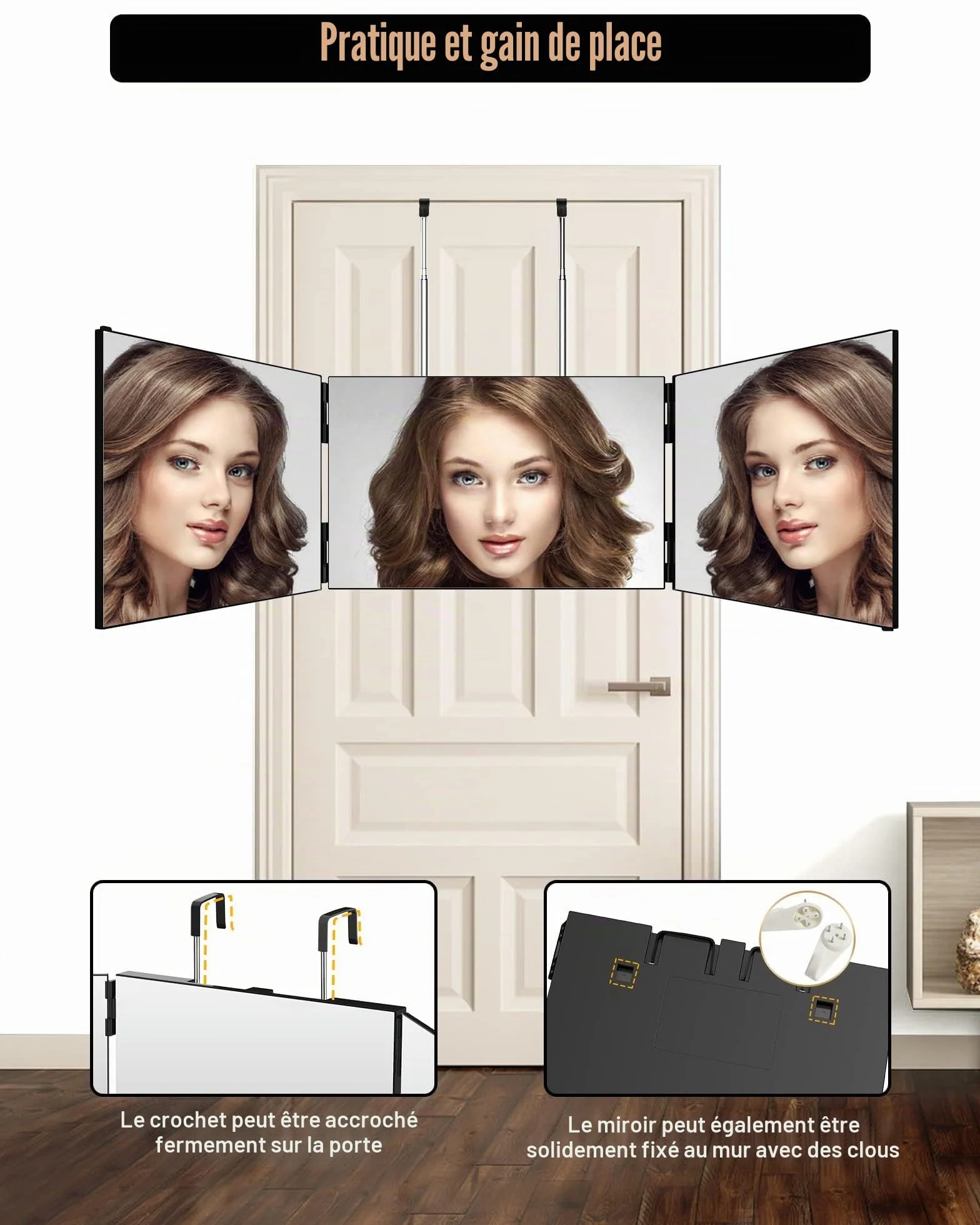 JUSRON Miroir à Suspendre 360° Pliable 3 Parties Réglable en Hauteur Cosmétique Maquillage Rasage Coiffure