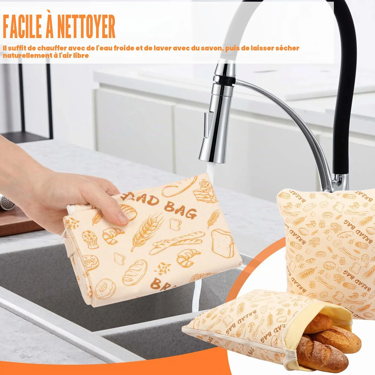 Sacs à pain en cire d'abeille réutilisables 43×33 cm avec fermeture éclair, lot de 2