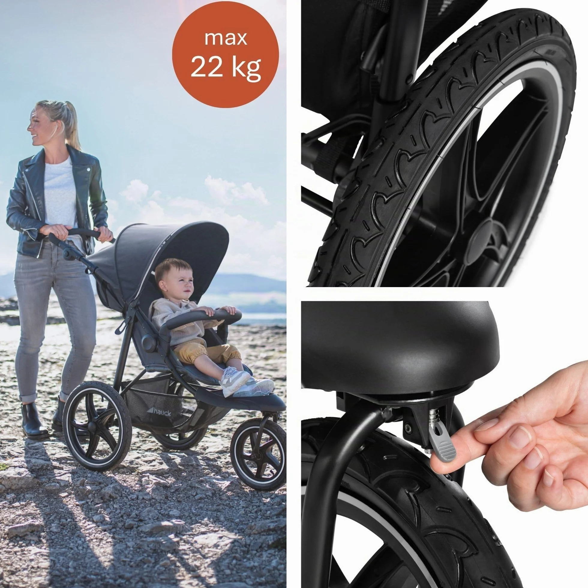 Hauck Poussette 3 Roues Runner 2 Tout Terrain Noir, 22 kg, UV 50+, Pliable