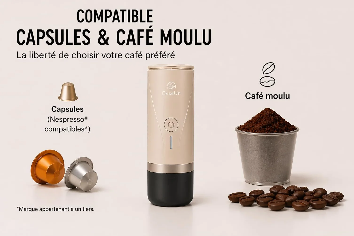 EaseUp Machine à Café Portable Rechargeable 2en1 avec étui de transport – Cafetière portable compatible Capsules Espresso & Café Moulu Pour Voyage, Camping, Voiture (Beige)